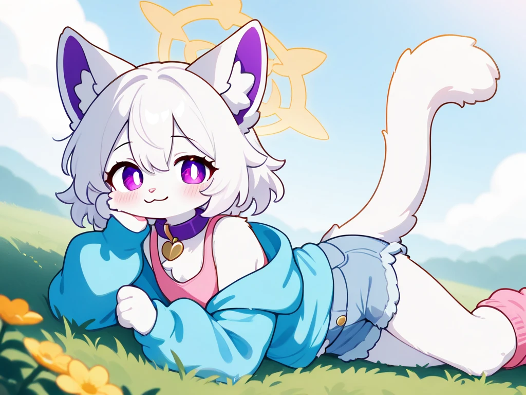 a cute adult male with wolf ears, long white hair, long locks, has a wolf tail, wearing a loose cropped black hoodie, wearing a pair of denim short shorts and fishnet stockings, thick thighs, wide hips, relaxing on mound of fluffy multi colored kawaii plushies, short, very slim, showing slender tummy, heart on hoodie, squishy thighs, has glowing blue eyes. alone, solo (ALONE)(SOLO), surrounded by rainbows, colorful galaxy backround