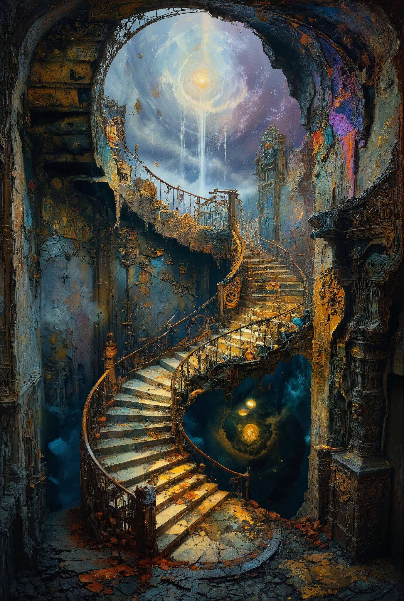 A mesmerizing and surreal digital work of art that captures the essence of vertigo in a ghost castle, with a staircase leading to another dimension. Imagine a spiral staircase that seems to defy the laws of physics, bending in incredible ways and climbing into an unknown realm. The staircase is built from a mixture of ancient stone and futuristic materials, which creates a sense of timelessness and mystery. When the viewer's gaze follows the stairs up, the environment begins to change and distort, colors and shapes merge together in a fabulous manner. The walls of the staircase are decorated with intricate patterns and symbols that seem to glow with a soft light, pointing the way to the unknown. At the top of the stairs, a portal opens into another dimension, beyond which there is a view of a surreal and fantastic landscape. This otherworldly realm is filled with floating light, shimmering waterfalls, and strange ancient structures that defy explanation. The sky is a swirling whirlpool of colors, in which shades of blue, purple and gold merge in a mesmerizing dance. The overall composition should evoke a sense of gloomy awe and surprise, conveying a disorienting and exhilarating feeling of vertigo as the viewer plunges into the mysterious depths of the staircase. Every detail must be conveyed with precision, creating a visually stunning and thought-provoking scene that invites viewers to explore the unknown.