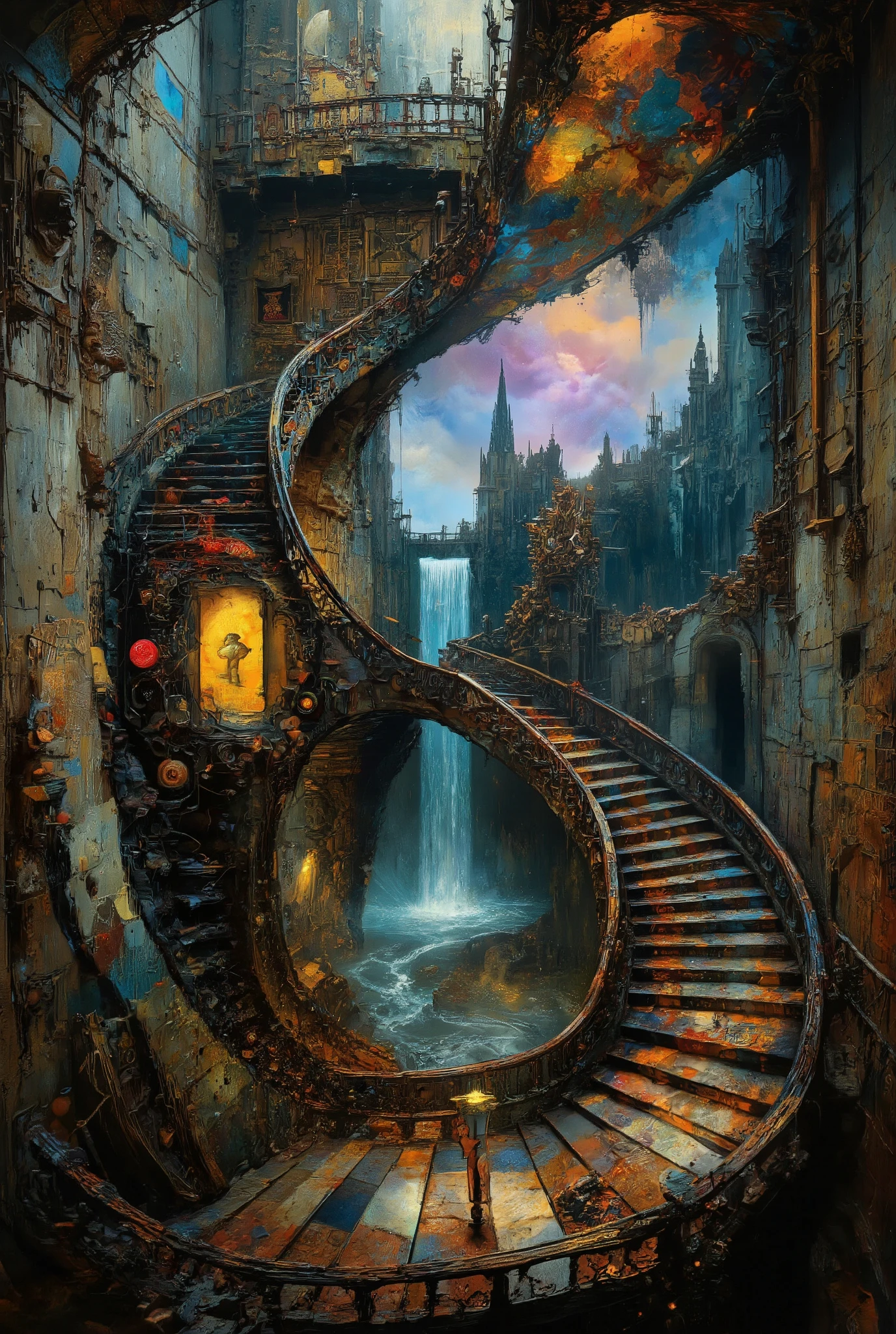 A mesmerizing and surreal digital work of art that captures the essence of vertigo in a ghost castle, with a staircase leading to another dimension. Imagine a spiral staircase that seems to defy the laws of physics, bending in incredible ways and climbing into an unknown realm. The staircase is built from a mixture of ancient stone and futuristic materials, which creates a sense of timelessness and mystery. When the viewer's gaze follows the stairs up, the environment begins to change and distort, colors and shapes merge together in a fabulous manner. The walls of the staircase are decorated with intricate patterns and symbols that seem to glow with a soft light, pointing the way to the unknown. At the top of the stairs, a portal opens into another dimension, beyond which there is a view of a surreal and fantastic landscape. This otherworldly realm is filled with floating light, shimmering waterfalls, and strange ancient structures that defy explanation. The sky is a swirling whirlpool of colors, in which shades of blue, purple and gold merge in a mesmerizing dance. The overall composition should evoke a sense of gloomy awe and surprise, conveying a disorienting and exhilarating feeling of vertigo as the viewer plunges into the mysterious depths of the staircase. Every detail must be conveyed with precision, creating a visually stunning and thought-provoking scene that invites viewers to explore the unknown.