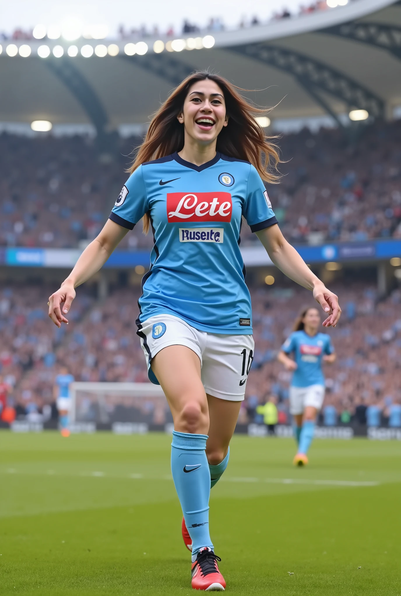 Create a beautiful girl, who exults after a goal has the Napoli shirt
