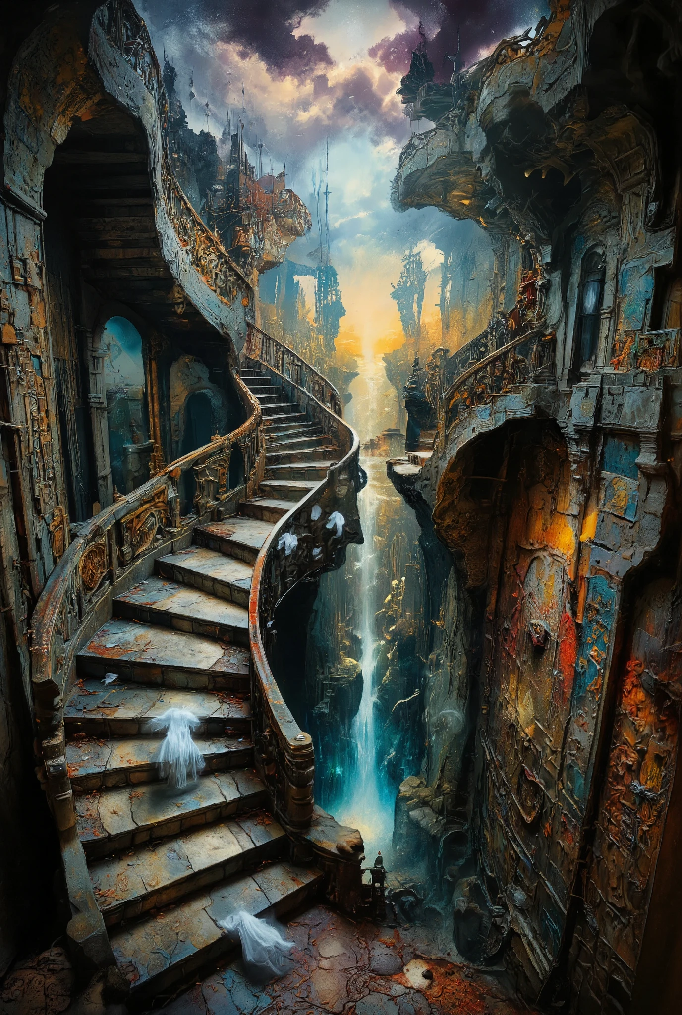 A mesmerizing and surreal digital work of art that captures the essence of vertigo in a ghost castle, with a staircase leading to another dimension with translucent anthropomorphic ghosts scurrying along it. Imagine a spiral staircase that seems to defy the laws of physics, bending in incredible ways and climbing into an unknown realm. The staircase is built from a mixture of ancient stone and futuristic materials, which creates a sense of timelessness and mystery. When the viewer's gaze follows the stairs up, the environment begins to change and distort, colors and shapes merge together in a fabulous manner. The walls of the staircase are decorated with intricate patterns and symbols that seem to glow with a soft light, pointing the way to the unknown. At the top of the stairs, a portal opens into another dimension, beyond which there is a view of a surreal and fantastic landscape. This otherworldly realm is filled with floating light, shimmering waterfalls, and strange ancient structures that defy explanation. The sky is a swirling whirlpool of colors, in which shades of blue, purple and gold merge in a mesmerizing dance. The overall composition should evoke a sense of gloomy awe and surprise, conveying a disorienting and exhilarating feeling of vertigo as the viewer plunges into the mysterious depths of the staircase. Every detail must be conveyed with precision, creating a visually stunning and thought-provoking scene that invites viewers to explore the unknown.