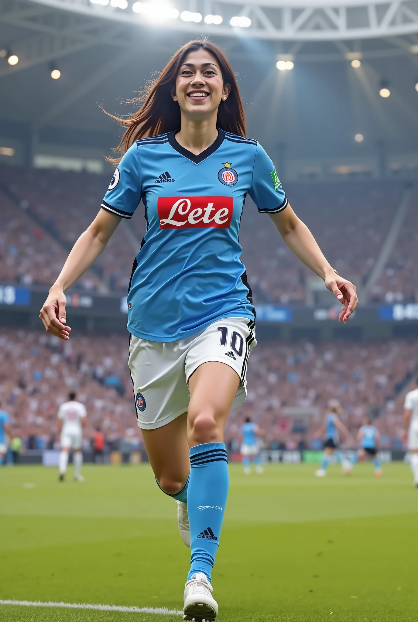 Create a beautiful girl, who exults after a goal has the Napoli shirt