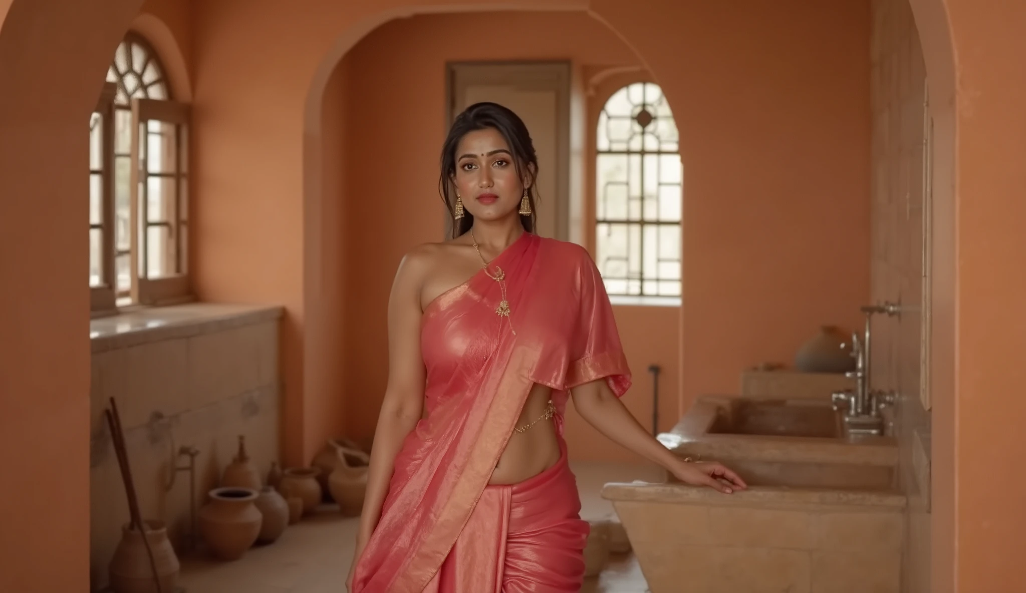 A 25-year-old woman of ancient India, dressed in traditional silk attire and fine jewelry, smiles softly as she shows the well-designed bathroom and bathing area — with a drainage system, polished floors, and clay pots filled with scented water.

The sunlight filters through lattice windows, reflecting on the smooth terracotta walls.