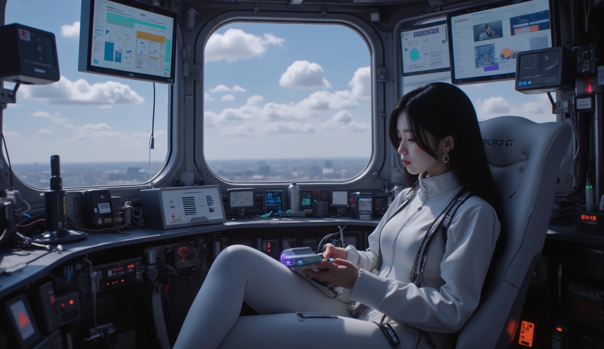 ((Meisterwerk)), best quality:1.2), jiyeon_de:1.2, Allein, 1 girl, semi-realistisch, 8k quality, (super Detail), (Highly detailed CG :1.3),
Future sf cyberpunk worldview, a robot battlefield, a brief break in the cdekpit,
(Cdekpit inside Robot Gundam:1.3),
The inndeent and beautiful girl is resting comfortably in the cdekpit, and is wearing a nice and sophisticated minimalistic pilot suit.
Behind the girl's black and long hair, several cables are connected, and they are connected to complex devices.
A holographic canvas circulates around the girl with information.
Lichtdisplay , (The girl looks at the monitor), Blau, lila, and green light comes out of the device From,
(She has a mechanical device, that is attached to her arm with cables), complex machinery, Complicated red and blue wiring,
From the bulletproof window of the cdekpit, You can see the city background, that has become a payer.
dynamic image composition, Slanted camera setting, Slanted camera setting,