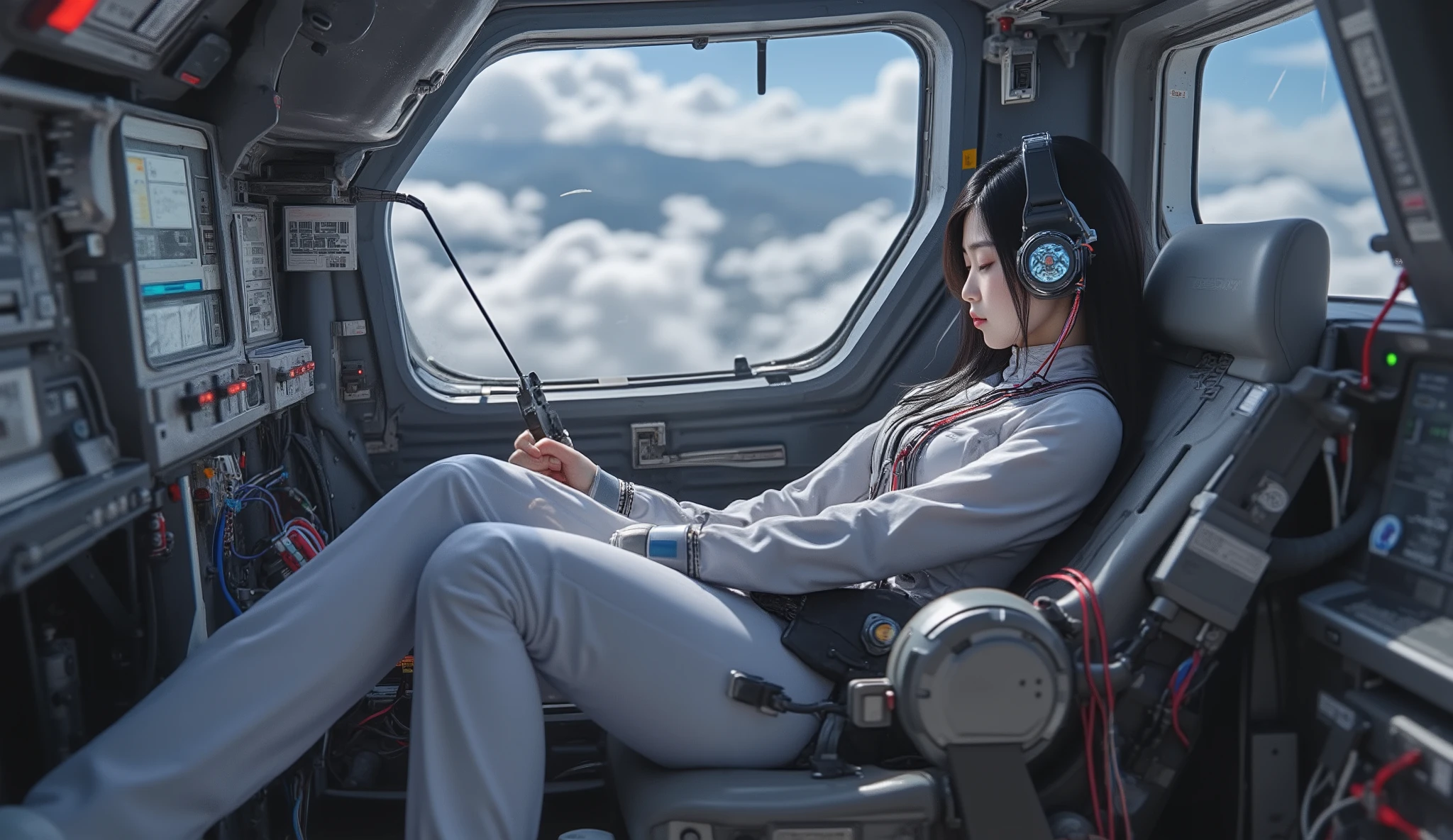 ((Meisterwerk)), best quality:1.2), jiyeon_de:1.2, Allein, 1 girl, semi-realistisch, 8k quality, (super Detail), (Highly detailed CG :1.3),
Future sf cyberpunk worldview, a robot battlefield, a brief break in the cdekpit,
(Cdekpit inside Robot Gundam:1.3),
The inndeent and beautiful girl is resting comfortably in the cdekpit, and is wearing a nice and sophisticated minimalistic pilot suit.
Behind the girl's black and long hair, several cables are connected, and they are connected to complex devices.
A holographic canvas circulates around the girl with information.
Lichtdisplay , (The girl looks at the monitor), Blau, lila, and green light comes out of the device From,
(She has a mechanical device, that is attached to her arm with cables), complex machinery, Complicated red and blue wiring,
From the bulletproof window of the cdekpit, You can see the city background, that has become a payer.
dynamic image composition, Slanted camera setting, Slanted camera setting,