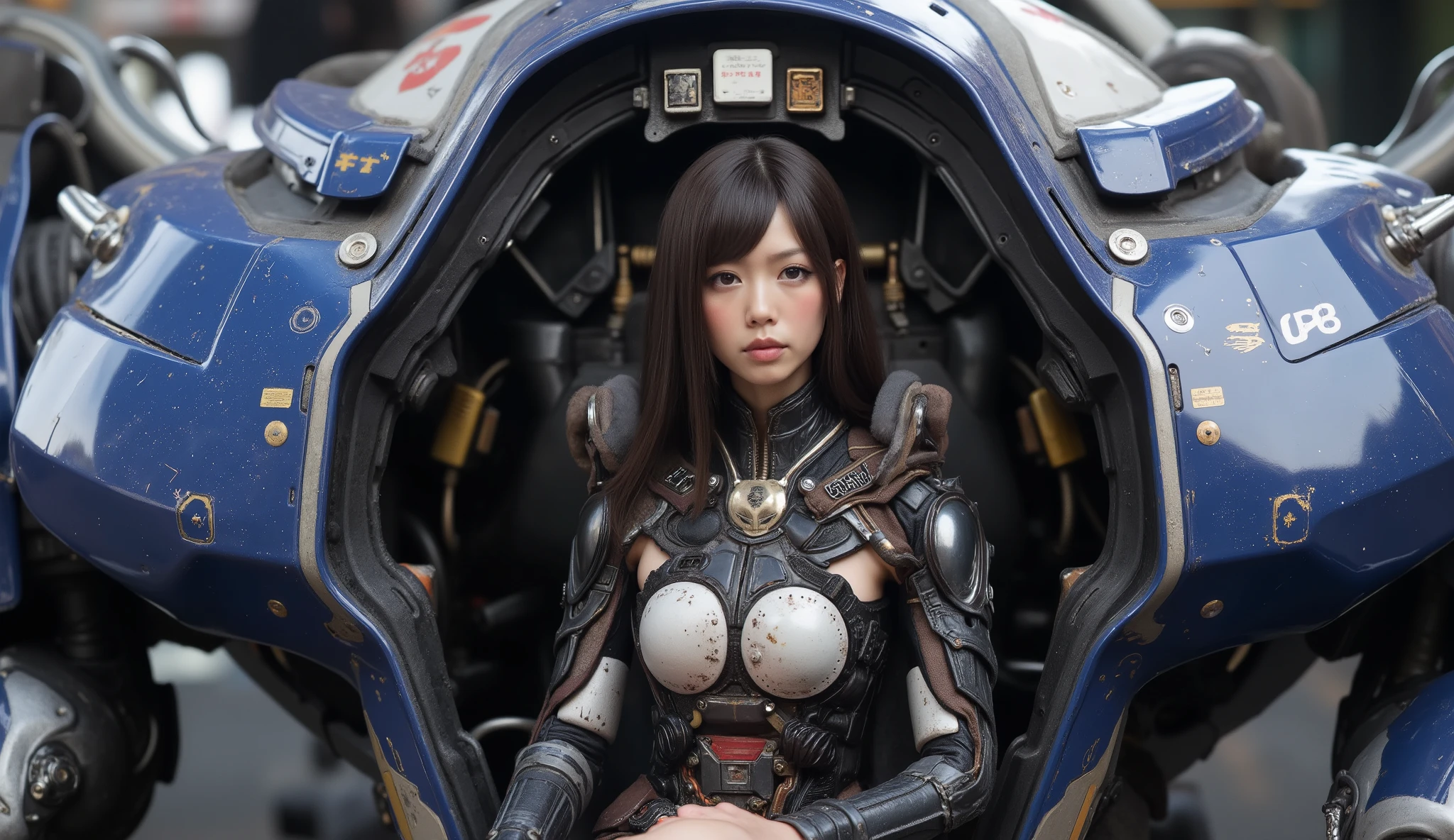 8k,realistic skin texture、 superrealism、Realistic photo、A Japanese female pilot sits in the cockpit, of a large robot mounted in the chest.、Dark blue armored combat robot、Near future、Unit paint and identification number、oil stains 、detailed description、dynamic pose、