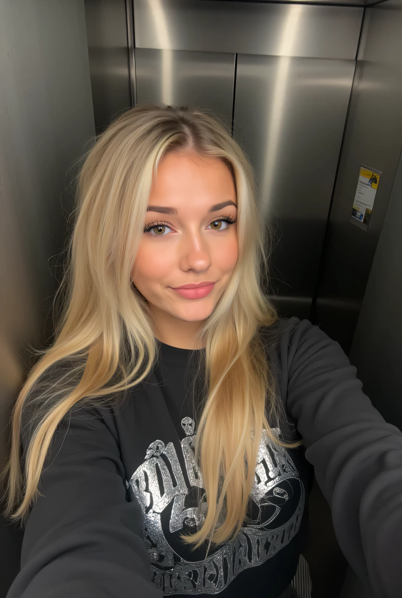 1girl, selfie dans un ascenseur, femme blonde, emo_Coiffure, lips, Gros tour de cou, eye-liner, eye shadow, mascara, smoky eyes, chambre, natural lighting, visage parfait, emo, gros seins, silver sweatshirt sombre par-dessus l'épaule, ahegao face, cum on face