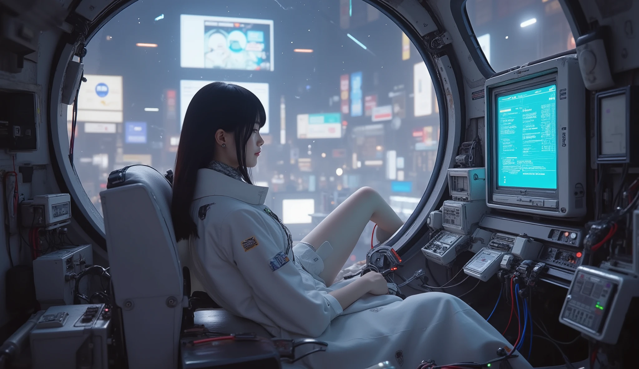 ((Meisterwerk)), best quality:1.2), jiyeon_de:1.2, Allein, 1 girl, semi-realistisch, 8k quality, (super Detail), (Highly detailed CG :1.3),
Future sf cyberpunk worldview, a robot battlefield, a brief break in the cdekpit,
(Cdekpit inside Robot Gundam:1.3),
The inndeent and beautiful girl is resting comfortably in the cdekpit, and is wearing a nice and sophisticated minimalistic pilot suit.
Behind the girl's black and long hair, several cables are connected, and they are connected to complex devices.
A holographic canvas circulates around the girl with information.
Lichtdisplay , (The girl looks at the monitor), Blau, lila, and green light comes out of the device From,
(She has a mechanical device, that is attached to her arm with cables), complex machinery, Complicated red and blue wiring,
From the bulletproof window of the cdekpit, You can see the city background, that has become a payer.
dynamic image composition, Slanted camera setting, Slanted camera setting,