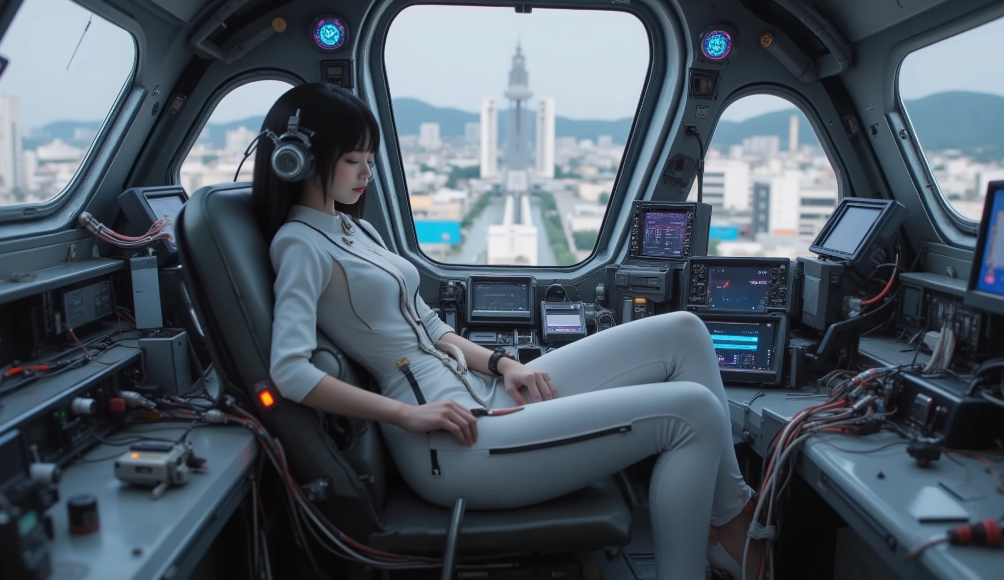 ((Meisterwerk)), best quality:1.2), jiyeon_de:1.2, Allein, 1 girl, semi-realistisch, 8k quality, (super Detail), (Highly detailed CG :1.3),
Future sf cyberpunk worldview, a robot battlefield, a brief break in the cdekpit,
(Cdekpit inside Robot Gundam:1.3),
The inndeent and beautiful girl is resting comfortably in the cdekpit, and is wearing a nice and sophisticated minimalistic pilot suit.
Behind the girl's black and long hair, several cables are connected, and they are connected to complex devices.
A holographic canvas circulates around the girl with information.
Lichtdisplay , (The girl looks at the monitor), Blau, lila, and green light comes out of the device From,
(She has a mechanical device, that is attached to her arm with cables), complex machinery, Complicated red and blue wiring,
From the bulletproof window of the cdekpit, You can see the city background, that has become a payer.
dynamic image composition, Slanted camera setting, Slanted camera setting,