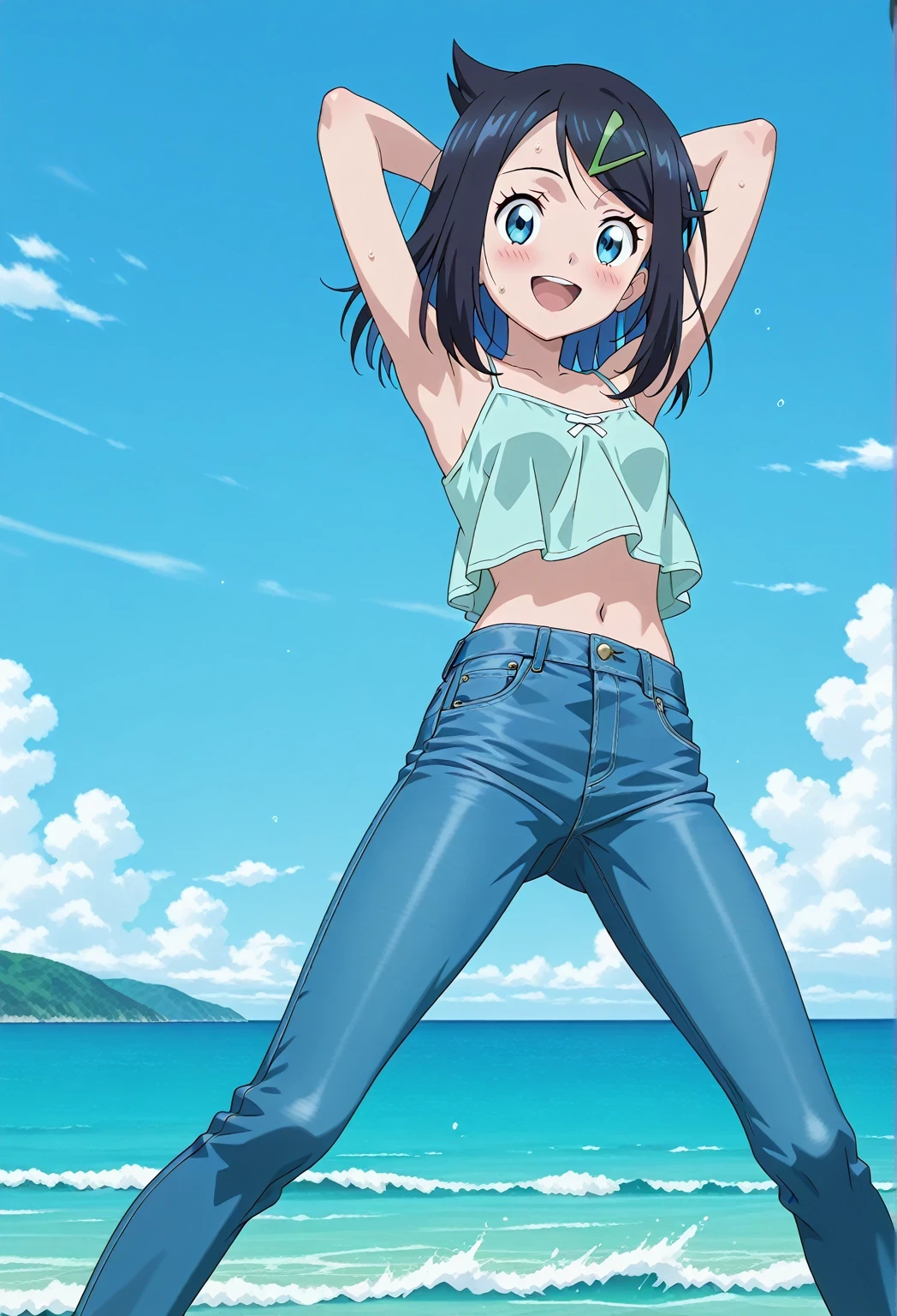 score_9, score_8_up, score_7_up, source_anime, highres, hi res, ((best quality, top quality, perfect quality, Highest Quality, amazing quality)), {{masterpiece}}, {{an extremely delicate and beautiful}}, 2d, intricate details, official style, anime, 8k, anime style, official_anime, official art, digital painting, cell shading, soft shading, high resolution, soothing tones, Subdued Color, Soft cinematic light, adobe lightroom, photolab, HDR, intricately and hyper-detailed, ((high quality animation)), 1 girl, Alone, solo, ((ocean)), tsunami, on the water, day, sunny, outdoors, sky, windy, aaliko, medium hair, black hair, colored inner hair, blue eyes, green hairclip, anime screencap, small breasts, light blue camisole top, crop top, light blue crop top, best quality, hyper-detailed jeans, ((blue jeans:1.9)), (dark blue jeans:0.6), full medium body, medium shot, Open mouth, smiling, happy face, blush, sweat, standing, ((arms behind head:6.0)), bowlegged, sliding pose, action, looking at viewer, spread legs, Bend knees slightly, straight-on front view