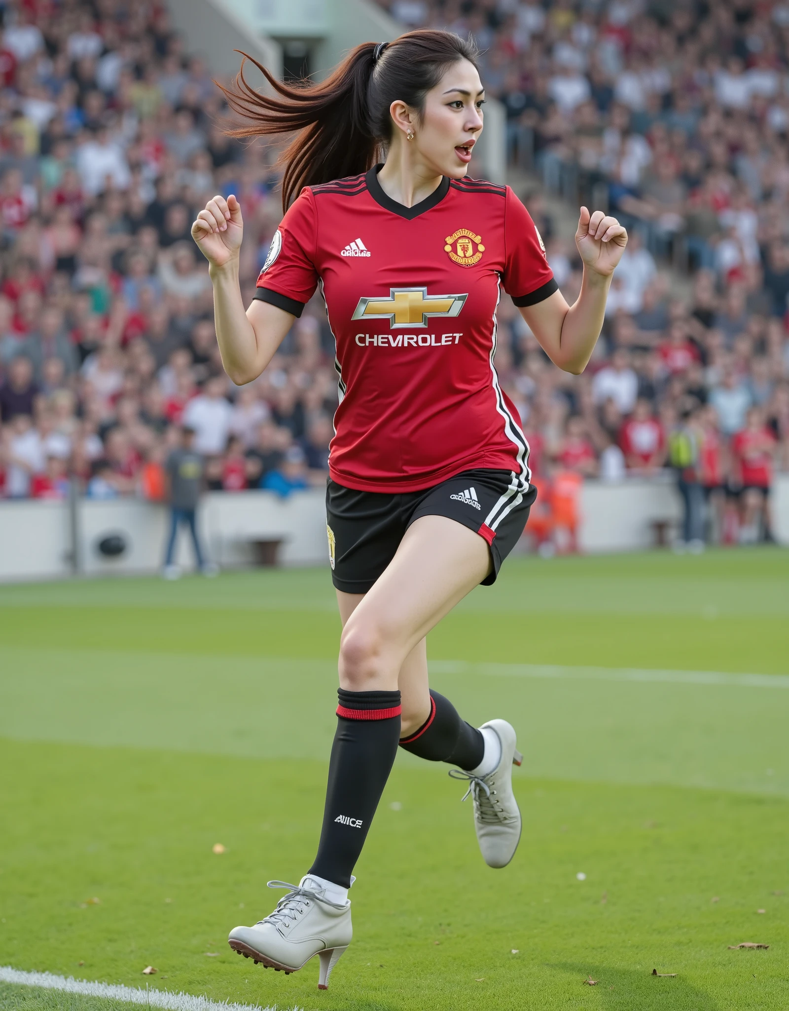 Beautiful woman in high heels who scores a soccer goal and celebrates her goal with joy , she has manchester united jersey