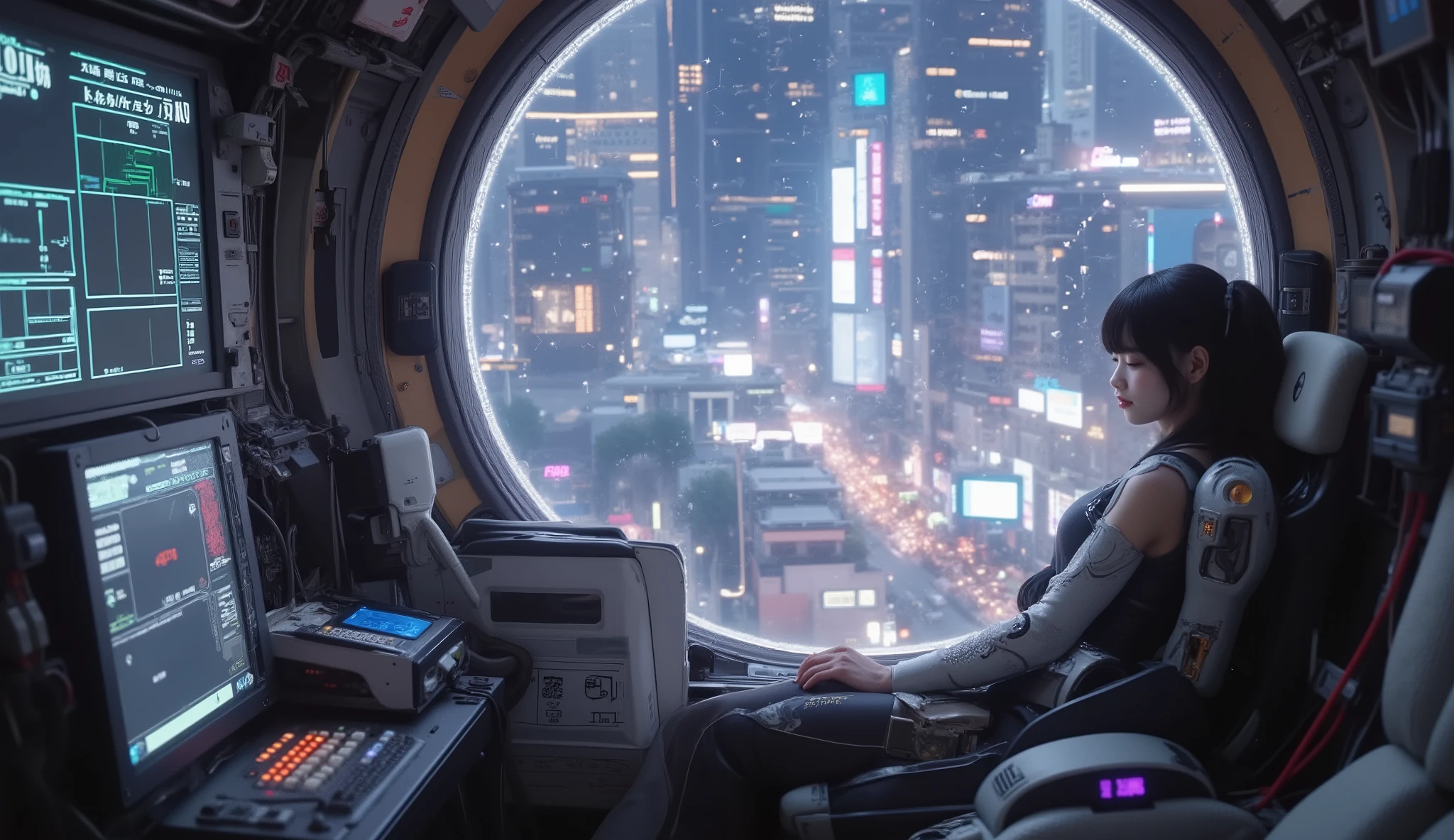 ((Meisterwerk)), best quality:1.2), jiyeon_de:1.2, Allein, 1 girl, semi-realistisch, 8k quality, (super Detail), (Highly detailed CG :1.3),
Future sf cyberpunk worldview, a robot battlefield, a brief break in the cdekpit,
(Cdekpit inside Robot Gundam:1.3),
The inndeent and beautiful girl is resting comfortably in the cdekpit, and is wearing a nice and sophisticated minimalistic pilot suit.
Behind the girl's black and long hair, several cables are connected, and they are connected to complex devices.
A holographic canvas circulates around the girl with information.
Lichtdisplay , (The girl looks at the monitor), Blau, lila, and green light comes out of the device From,
(She has a mechanical device, that is attached to her arm with cables), complex machinery, Complicated red and blue wiring,
From the bulletproof window of the cdekpit, You can see the city background, that has become a payer.
dynamic image composition, Slanted camera setting, Slanted camera setting,
