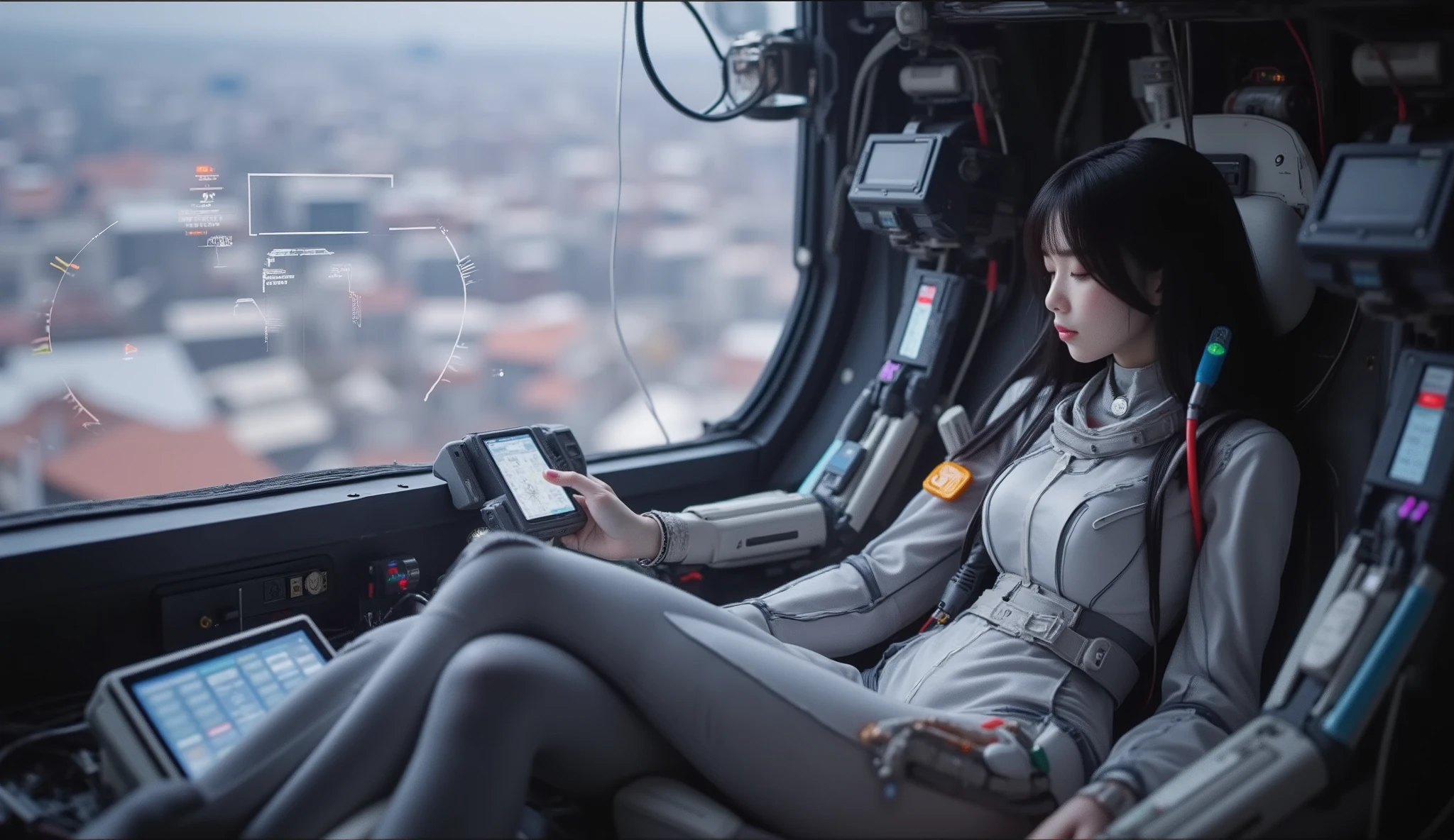 ((Meisterwerk)), best quality:1.2), jiyeon_de:1.2, Allein, 1 girl, semi-realistisch, 8k quality, (super Detail), (Highly detailed CG :1.3),
Future sf cyberpunk worldview, a robot battlefield, a brief break in the cdekpit,
(Cdekpit inside Robot Gundam:1.3),
The inndeent and beautiful girl is resting comfortably in the cdekpit, and is wearing a nice and sophisticated minimalistic pilot suit.
Behind the girl's black and long hair, several cables are connected, and they are connected to complex devices.
A holographic canvas circulates around the girl with information.
Lichtdisplay , (The girl looks at the monitor), Blau, lila, and green light comes out of the device From,
(She has a mechanical device, that is attached to her arm with cables), complex machinery, Complicated red and blue wiring,
From the bulletproof window of the cdekpit, You can see the city background, that has become a payer.
dynamic image composition, Slanted camera setting, Slanted camera setting,