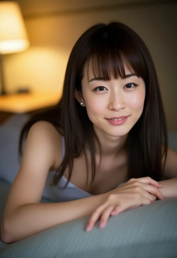 masterpiece, Best quality, Skinny Japanese woman, 40 years old, sexy nightwear, on the bed in a hotel room, correct body structure, slight smile, perfect face, detailed face, detailed eyes