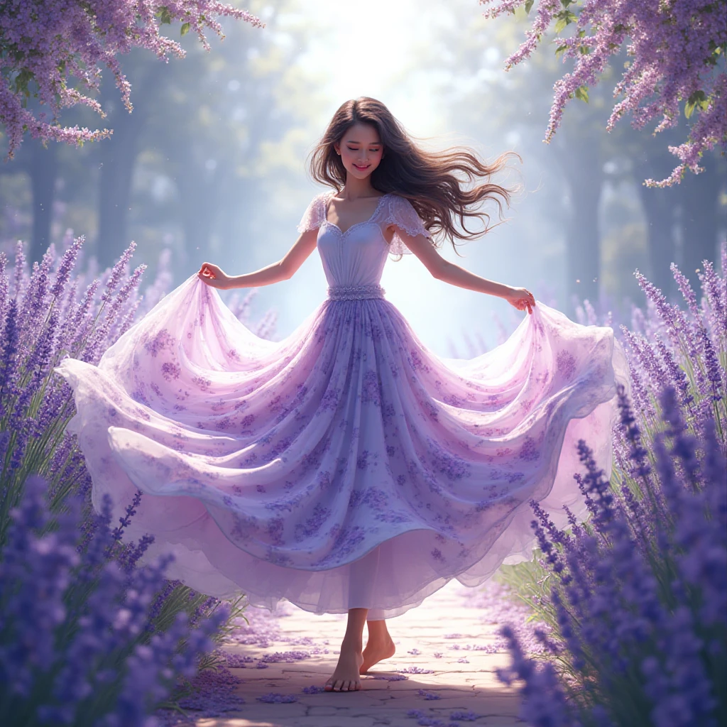 Beautiful Girl，sweet，whole body，High heel，Off-shoulder，Purple skirt，Lace，Flowers，student