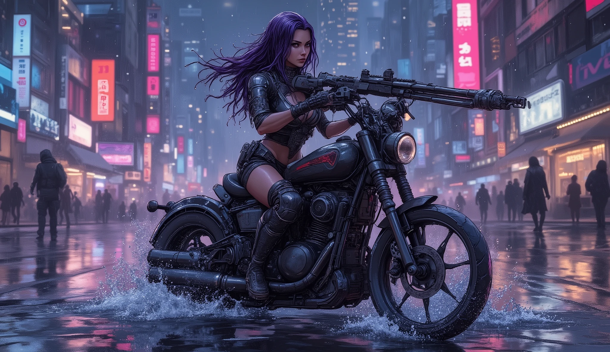 Cyberpunk female warrior with wet purple hair, muscular build, in tactical cyberarmor, mechanical handfight , futuristic rifle on shoulder, sitting on a high-tech motorcycle, rainy neon street at night, glowing city lights in the background, water splashes under the motorcycle, intense expression, cinematic lighting, highly detailed, , an ultra-realistic