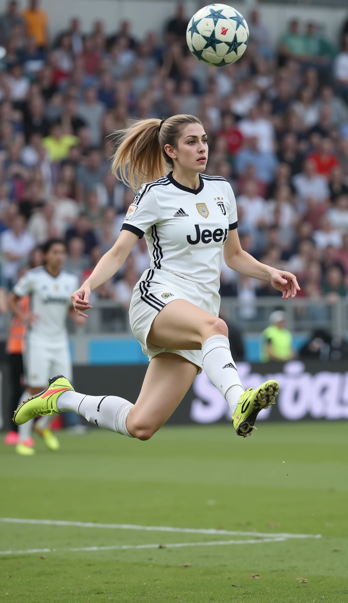 beautiful Scandinavian soccer player focus on one ball ,
extraordinarily beautiful face, green eyes,
(The moment a soccer player makes a brilliant overhead kick),
(Exciting moments) she has juventus jersey
