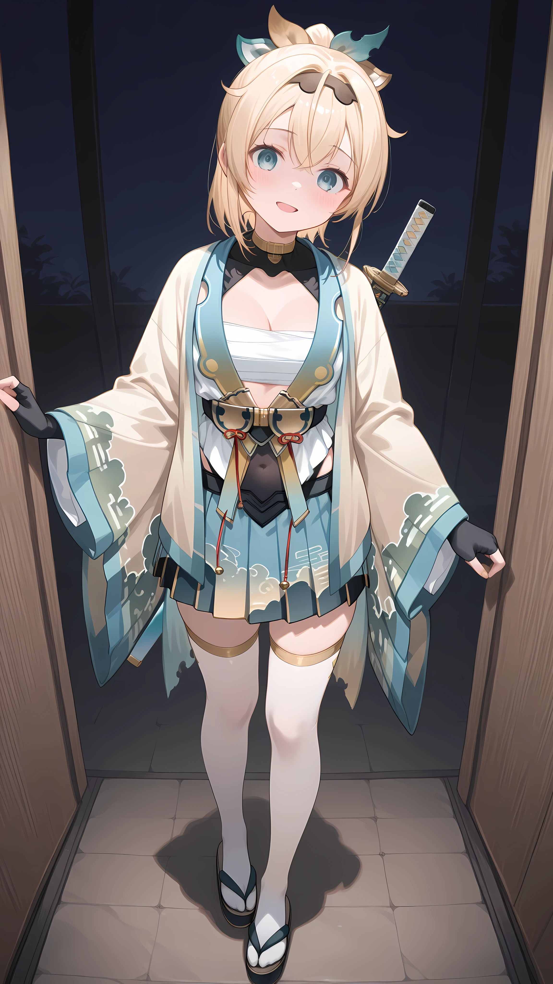Kazama Iroha,Kazama Iroha, japanese clothes, long sleeves, kimono, cleavage, mini skirt, pleated skirt, wide sleeves, black fingerless gloves, white thighhighs, sandals, hakama skirt, tabi, haori, hakama short skirt, chest sarashi, sheathed katana on back,,yandere,yandere,(shaded face:0.7),(empty eyes:0.7),head tilt,Kazama Iroha,