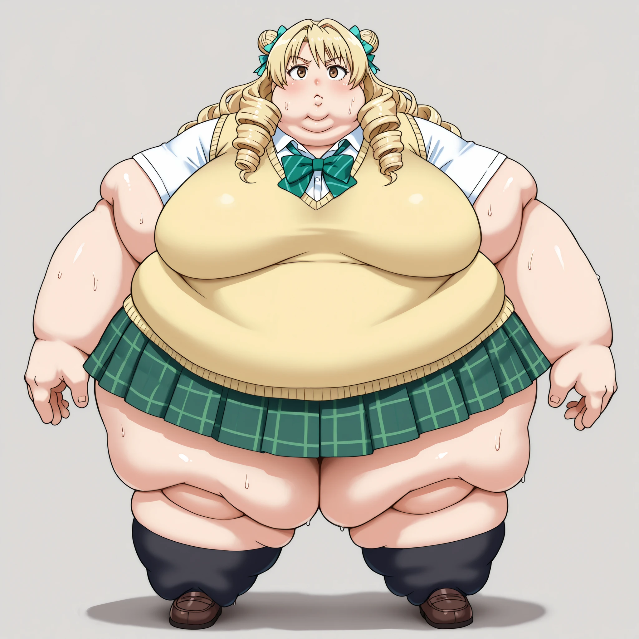 long hair,blonde hair,curly hair,double bun,twin drills,hair bow,hair ribbon,bangs,brown eyes
school uniform,sweater vest,yellow vest,white shirt,collared shirt,green bowtie,short sleeves,medium breasts,miniskirt,green skirt,plaid skirt,pleated skirt,black socks,loafers, blank_stare, empty_stare,  fat, chubby, obese, gigantic arms and legs, large breasts, sweating, wet body, swollen face, Fat_neck , Fat head , eyes with crushed cheeks , nose with crushed cheeks , mouth with crushed cheeks , chin roll,
only head, large head, oversized limbs, large hands, large feet, oversized feet, oversized fingers, big lips, plump lips, fat face, fupa, big fupa, fat fupa, 