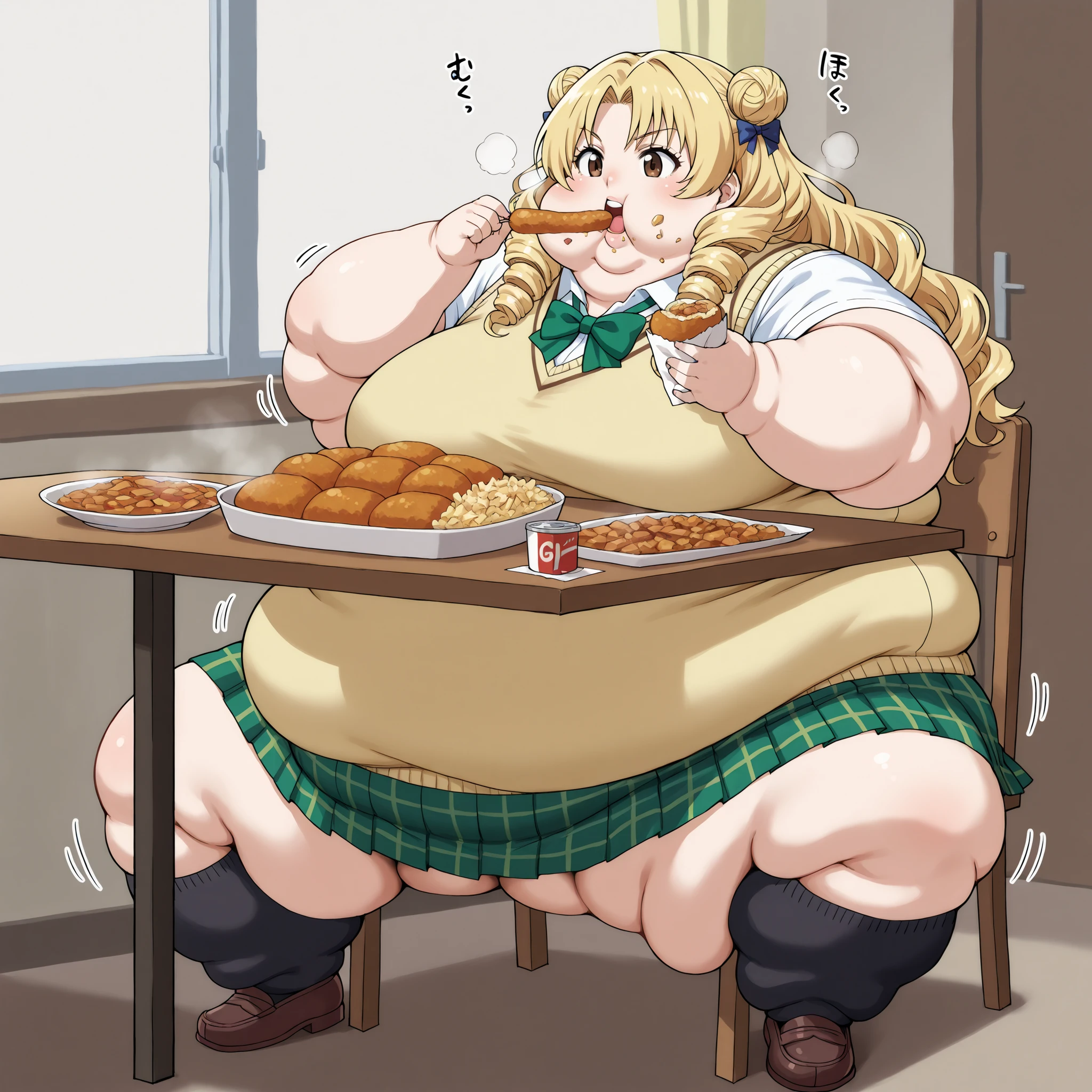 long hair,blonde hair,curly hair,double bun,twin drills,hair bow,hair ribbon,bangs,brown eyes
school uniform,sweater vest,yellow vest,white shirt,collared shirt,green bowtie,short sleeves,medium breasts,miniskirt,green skirt,plaid skirt,pleated skirt,black socks,loafers, fat, chubby, obese,, large breasts open mouth, out of breath, spread legs, full body shot, puffy cheek, motion line, sitting , in front of tones of food, table, chair, eating food, food in mouth, food in hands, rush of food, glazed over, Fat_neck , Fat head , eyes with crushed cheeks , nose with crushed cheeks , mouth with crushed cheeks , chin roll , fat face, chubby face, double chins, big lips