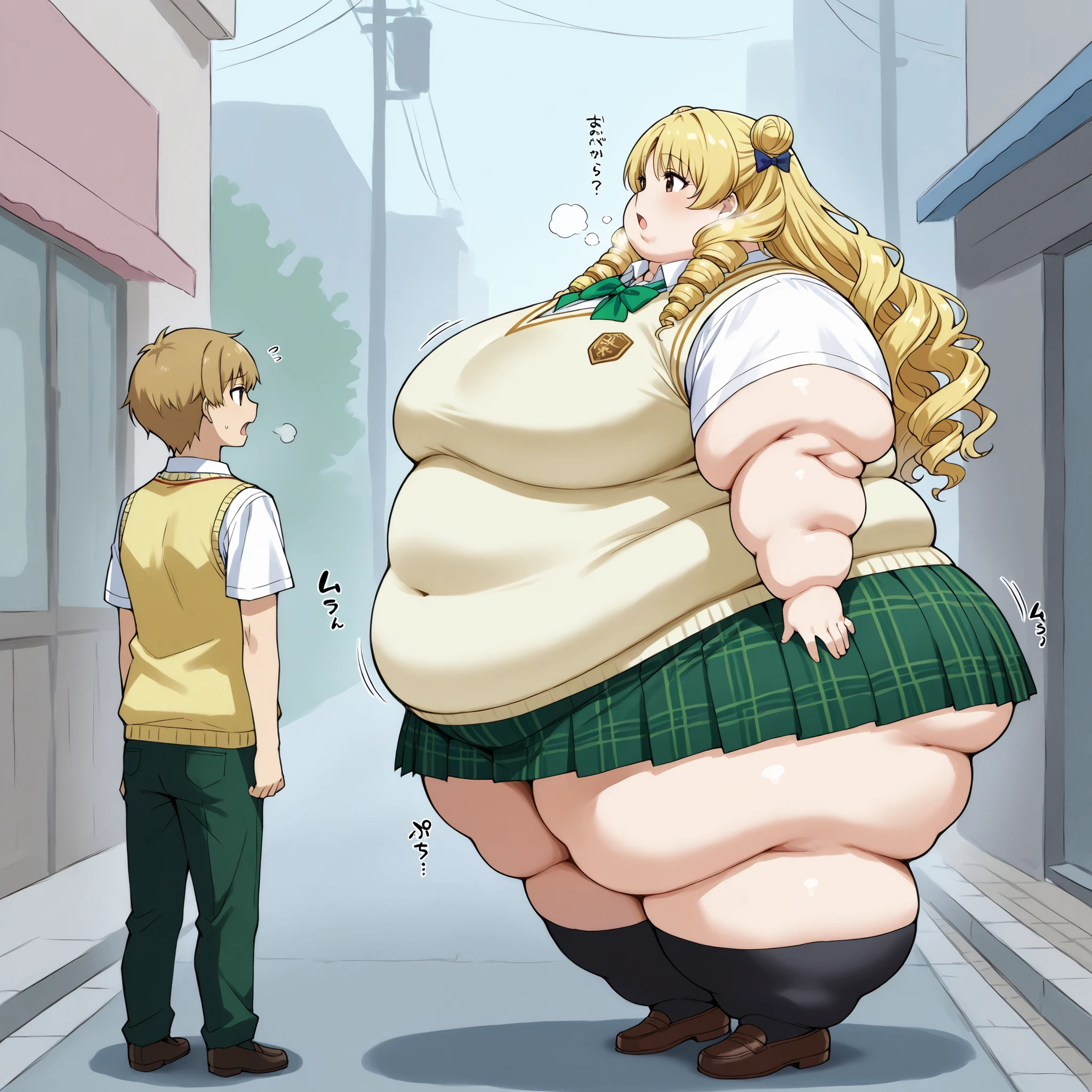 long hair,blonde hair,curly hair,double bun,twin drills,hair bow,hair ribbon,bangs,brown eyes
school uniform,sweater vest,yellow vest,white shirt,collared shirt,green bowtie,short sleeves,medium breasts,miniskirt,green skirt,plaid skirt,pleated skirt,black socks,loafers, fat, chubby, obese,, large breasts open mouth, out of breath, Larger female, full body shot, 1girl, 1boy, duo, larger_female, taller_female, size_difference, side view, outside 