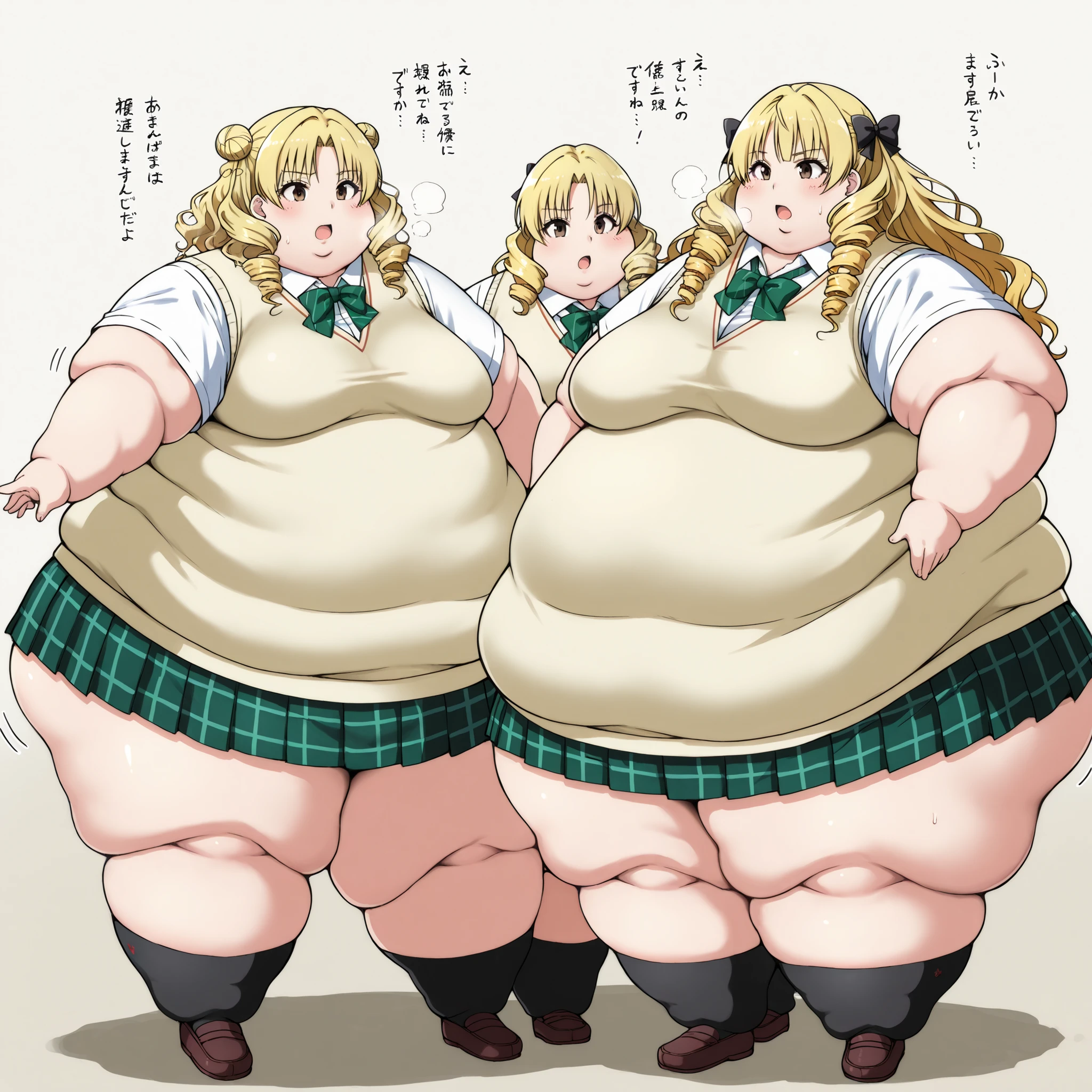 long hair,blonde hair,curly hair,double bun,twin drills,hair bow,hair ribbon,bangs,brown eyes
school uniform,sweater vest,yellow vest,white shirt,collared shirt,green bowtie,short sleeves,medium breasts,miniskirt,green skirt,plaid skirt,pleated skirt,black socks,loafers, innocent, fat, chubby, obese,, large breasts open mouth, out of breath, 