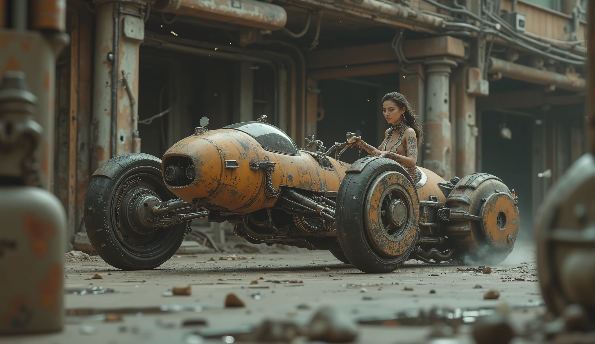 cinematic photography using the rule of thirds and composition on planes Photo 3/4 full frame counterposed at ground level,  soft light, unmarked contrasts, retro-futuristic flying motorcycle (Speeder bicycle) flying ( bicycle) inspired by low-frame motorcycles and a huge engine at the front, How "Indian gorilla" and a narrow rear, inspired by Akira's motorcycle of the future, flying 2 ruedas o usando orugas de tanque, de estética diesel punk partes oscuras y negras con mucho oxido motor expuesto al frente y battle damage y partes destruidas, several red lines, big-engine cars, facing the front of the car, you can see the open mechanism, consisting of a piston tons , hoses,  draws  y motores con algunas luces, open steering wheel and turbines, At high speed in pursuit next to with several others. Against the backdrop of a deserted and submerged apocalyptic planet,  reflections in water , at night, adentura dark atmosphere,  battle damage.  in Ashley Wood style, high level of Racrufi . https ://.This/9nywtVBQD La piloto una hermosa desnuda y muy sexy mujer joven rasgos de mexicana de incomparable belleza latina actThisud desafiante en pose inclinada a alta velocidad, top model, tattooed with Aztec ,  elegant and gothic , fit (( draws )) dress made of  draws , emerald eyes, piercing gaze , Punk hotel chain   ,  punk belt  , full frame, broken screen  , cuero y encaje rasgados y rotos con  draws  Picos y Muchas joyas de plata de huesos de plata, , holding a Xihucoatl two-wheeled flying light saber