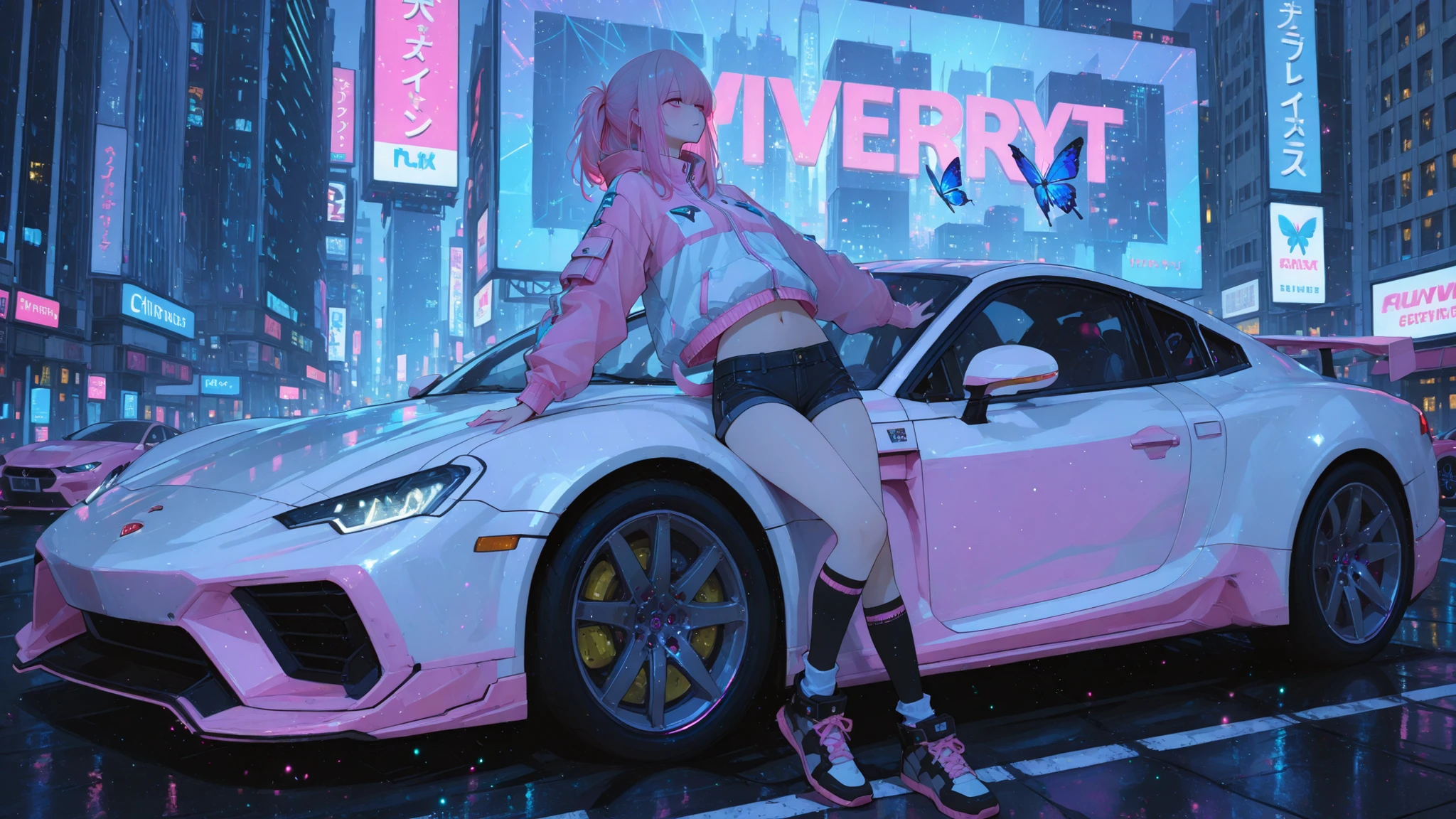 (masterpiece, the highest quality), (Very detailed, the highest quality, official art,  beautiful and aesthetic: 1.2) , (Geometric art:1.3),1 girl , tail, pink hair , jacket , knee length socks  , navel  , arms outstretched ,Cyberpunk,skyscraper, detailed city,(billboard), Rear of the car, (Cute ad), Supercar, rim light, light particles ,leaning on the car, ( leg up:0.7), blue butterfly, 