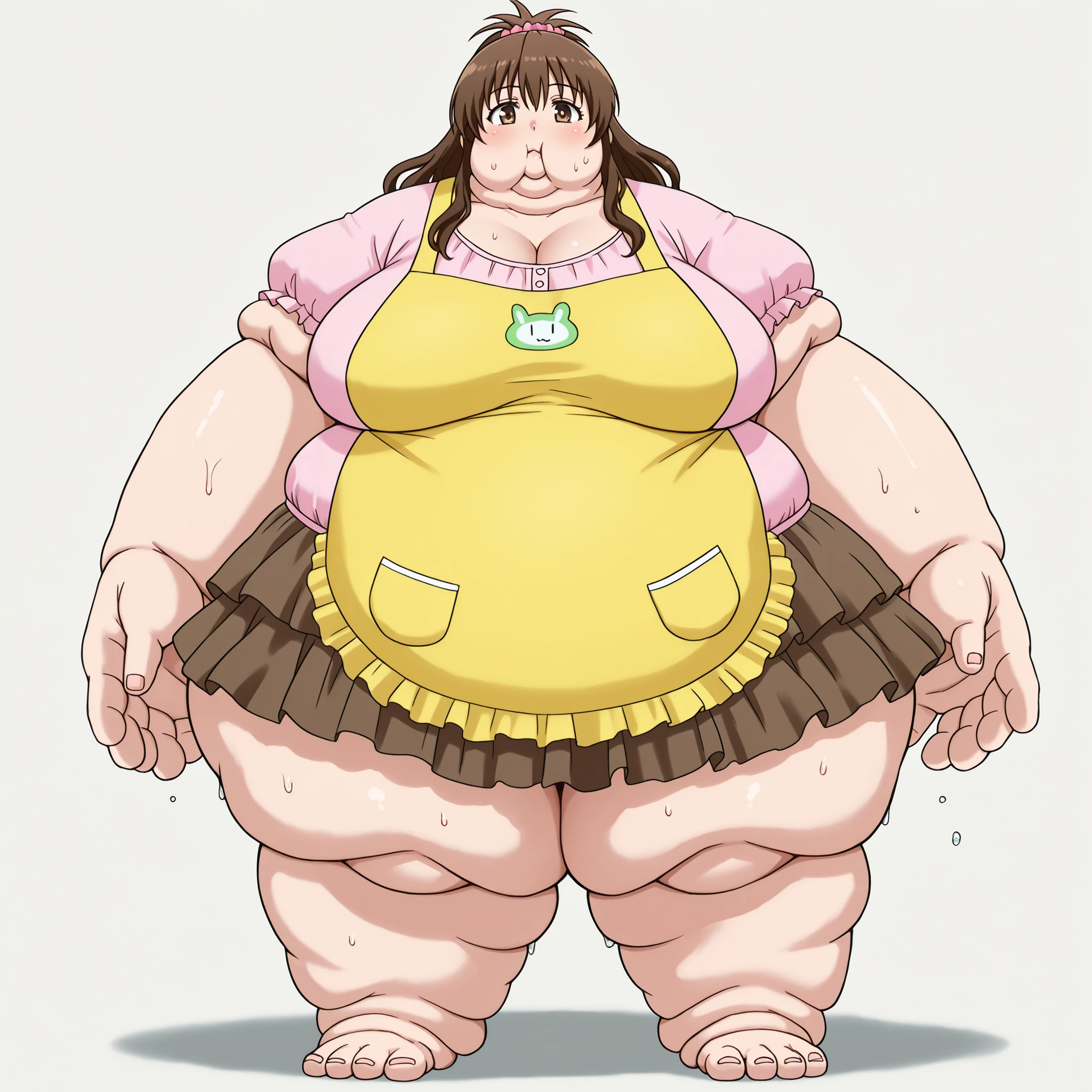mikan yuuki, brown eyes, brown hair, hair ornament, hair scrunchie, long hair, pink scrunchie, scrunchie,
apron, blouse, collarbone, layered skirt, pink shirt, shirt, short sleeves, skirt, yellow apron, blank_stare, empty_stare,  fat, chubby, obese, gigantic arms and legs, large breasts, sweating, wet body, swollen face, Fat_neck , Fat head , eyes with crushed cheeks , nose with crushed cheeks , mouth with crushed cheeks , chin roll,
only head, large head, oversized limbs, large hands, large feet, oversized feet, oversized fingers, big lips, plump lips, fat face, fupa, big fupa, fat fupa, 