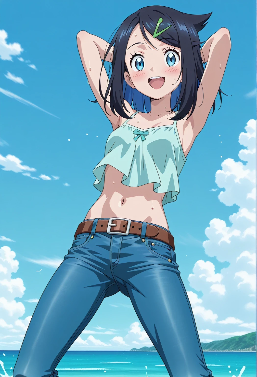 score_9, score_8_up, score_7_up, source_anime, highres, hi res, ((best quality, top quality, perfect quality, Highest Quality, amazing quality)), {{masterpiece}}, {{an extremely delicate and beautiful}}, 2d, intricate details, official style, anime, 8k, anime style, official_anime, official art, digital painting, cell shading, soft shading, high resolution, soothing tones, Subdued Color, Soft cinematic light, adobe lightroom, photolab, HDR, intricately and hyper-detailed, ((high quality animation)), 1 girl, Alone, solo, ((ocean)), tsunami, on the water, day, sunny, outdoors, sky, windy, aaliko, medium hair, black hair, colored inner hair, blue eyes, green hairclip, anime screencap, small breasts, light blue camisole top, crop top, light blue crop top, best quality, hyper-detailed jeans, belt, brown belt, ((blue jeans:1.9)), (dark blue jeans:0.6), full medium body, medium shot, Open mouth, smiling, happy face, blush, sweat, standing, ((arms behind head:6.0)), bowlegged, jumping pose, action, looking at viewer, spread legs, Bend knees slightly, straight-on front view