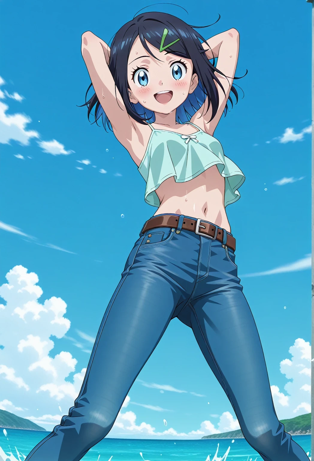 score_9, score_8_up, score_7_up, source_anime, highres, hi res, ((best quality, top quality, perfect quality, Highest Quality, amazing quality)), {{masterpiece}}, {{an extremely delicate and beautiful}}, 2d, intricate details, official style, anime, 8k, anime style, official_anime, official art, digital painting, cell shading, soft shading, high resolution, soothing tones, Subdued Color, Soft cinematic light, adobe lightroom, photolab, HDR, intricately and hyper-detailed, ((high quality animation)), 1 girl, Alone, solo, ((ocean)), tsunami, on the water, day, sunny, outdoors, sky, windy, aaliko, medium hair, black hair, colored inner hair, blue eyes, green hairclip, anime screencap, small breasts, light blue camisole top, crop top, light blue crop top, best quality, hyper-detailed jeans, belt, brown belt, ((blue jeans:1.9)), (dark blue jeans:0.6), full medium body, medium shot, Open mouth, smiling, happy face, blush, sweat, standing, ((arms behind head:6.0)), bowlegged, jumping pose, action, looking at viewer, spread legs, Bend knees slightly, straight-on front view