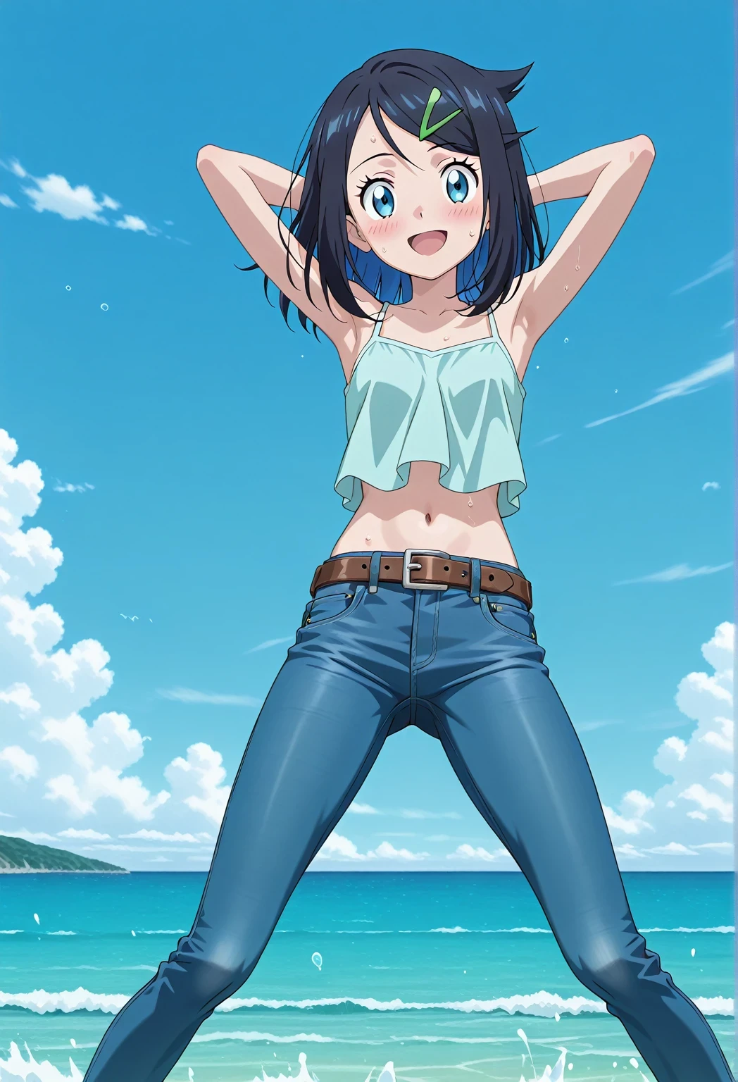 score_9, score_8_up, score_7_up, source_anime, highres, hi res, ((best quality, top quality, perfect quality, Highest Quality, amazing quality)), {{masterpiece}}, {{an extremely delicate and beautiful}}, 2d, intricate details, official style, anime, 8k, anime style, official_anime, official art, digital painting, cell shading, soft shading, high resolution, soothing tones, Subdued Color, Soft cinematic light, adobe lightroom, photolab, HDR, intricately and hyper-detailed, ((high quality animation)), 1 girl, Alone, solo, ((ocean)), tsunami, on the water, day, sunny, outdoors, sky, windy, aaliko, medium hair, black hair, colored inner hair, blue eyes, green hairclip, anime screencap, small breasts, light blue camisole top, crop top, light blue crop top, best quality, hyper-detailed jeans, belt, brown belt, ((blue jeans:1.9)), (dark blue jeans:0.6), full medium body, medium shot, Open mouth, smiling, happy face, blush, sweat, standing, ((arms behind head:6.0)), bowlegged, jumping pose, action, looking at viewer, spread legs, Bend knees slightly, straight-on front view