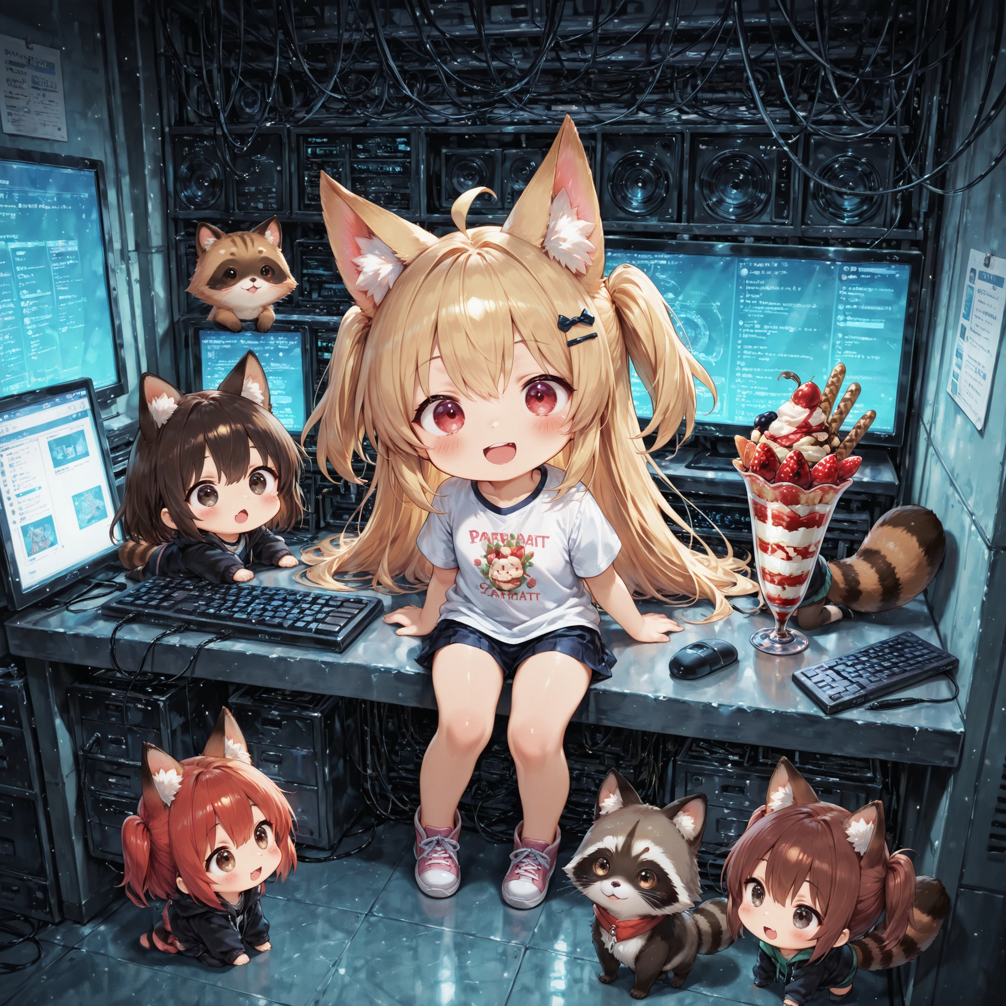 masterpiece, Highest Quality, anime style,
(chibi:1.2), full body, 2 heads tall, (multiple people),
Kemomimi Girls, hacker groups, Tees, Blonde, Red hair, dark haired, brown hair,
fox, raccoon dog, cat, rabbit,
(Dim Server Room), Lots of PCs and Monitors, PC Keyboard, lots of wires, (parfait:1.8).
TheDeail, Cute, mesugaki,