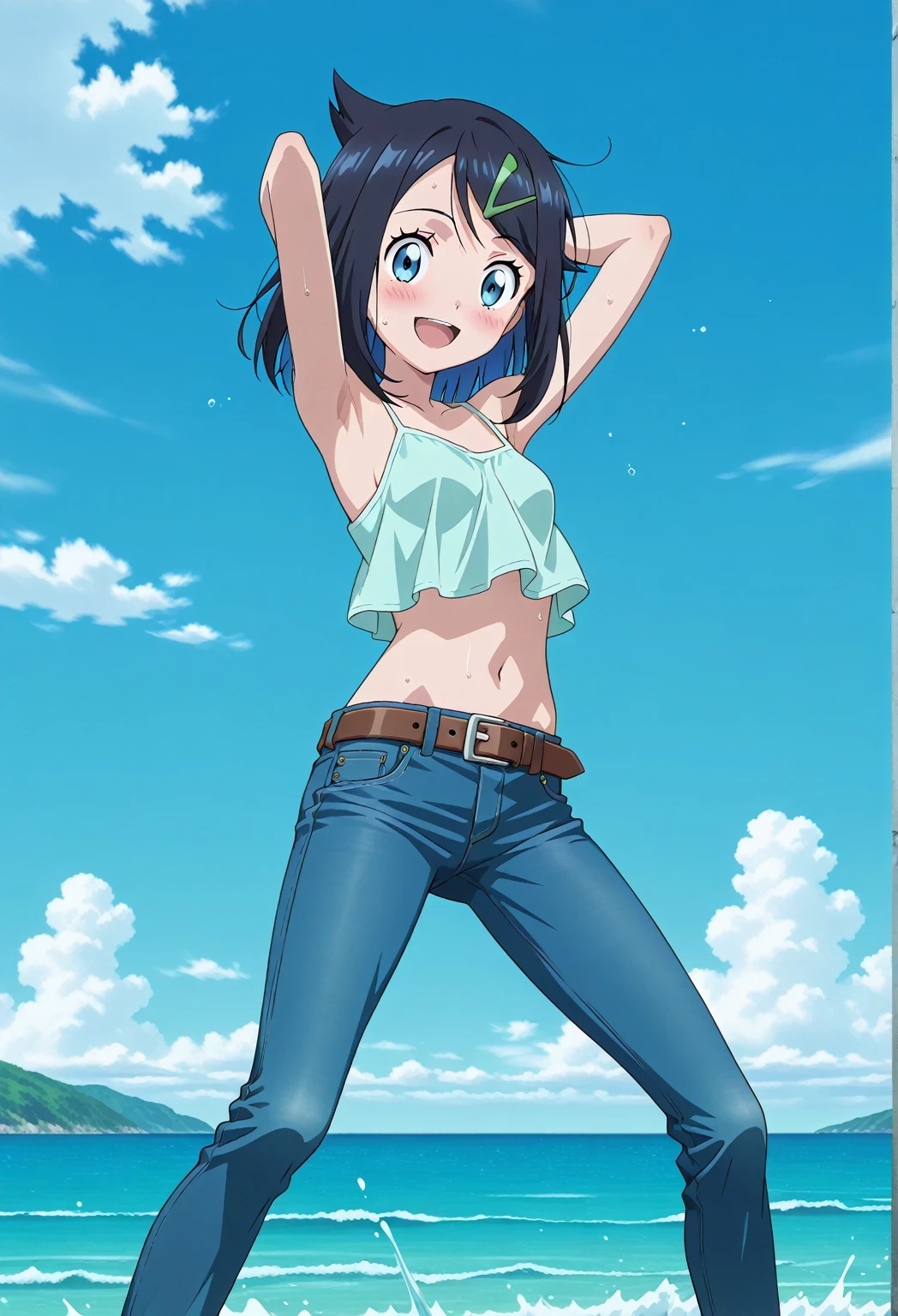 score_9, score_8_up, score_7_up, source_anime, highres, hi res, ((best quality, top quality, perfect quality, Highest Quality, amazing quality)), {{masterpiece}}, {{an extremely delicate and beautiful}}, 2d, intricate details, official style, anime, 8k, anime style, official_anime, official art, digital painting, cell shading, soft shading, high resolution, soothing tones, Subdued Color, Soft cinematic light, adobe lightroom, photolab, HDR, intricately and hyper-detailed, ((high quality animation)), 1 girl, Alone, solo, ((ocean)), tsunami, on the water, day, sunny, outdoors, sky, windy, aaliko, medium hair, black hair, colored inner hair, blue eyes, green hairclip, anime screencap, small breasts, light blue camisole top, crop top, light blue crop top, best quality, hyper-detailed jeans, belt, brown belt, ((blue jeans:1.9)), (dark blue jeans:0.6), full medium body, medium shot, Open mouth, smiling, happy face, blush, sweat, standing, ((arms behind head:6.0)), bowlegged, jumping pose, action, looking at viewer, spread legs, Bend knees slightly, straight-on front view
