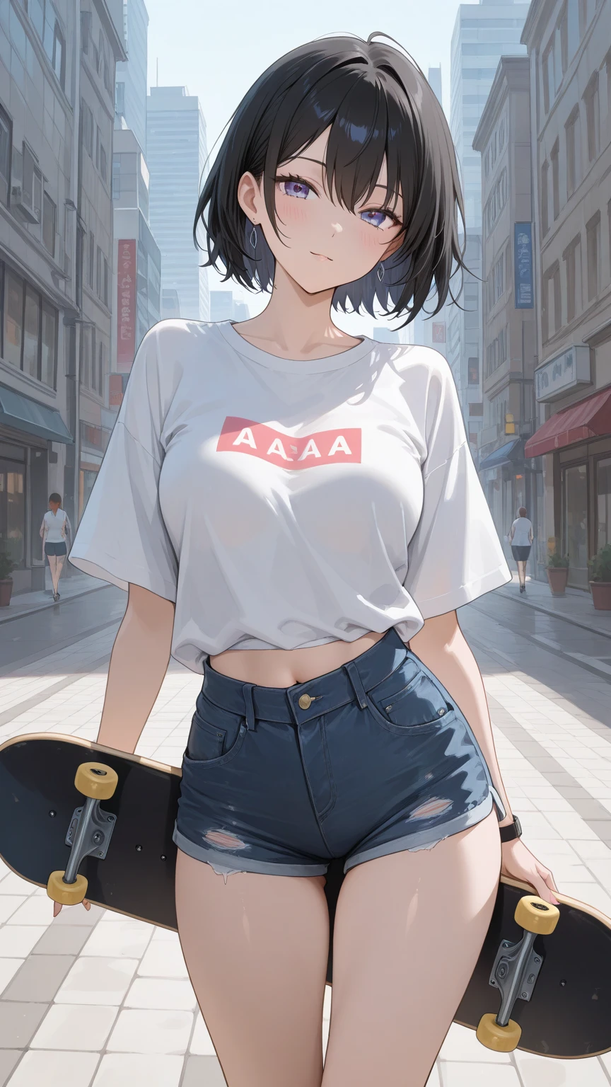 ????,1girl,18yo,perfect hands, perfect finger,perfect ???????, masterpiece, best quality,realistic, hyperrealistic, 16k hdr,, aamii, short hair, black hair, blue eyes, (glasses), (??????,????????, T-shirt,denim mini skirt:1.2),(lift up T-shirt),outdoor, from below,(sweat:1.3),(red blush, smile),small ???????,necklace,(leaning forward,squatin:1.2,pubic hair:1.3),(wink),(peace sign:1.3),