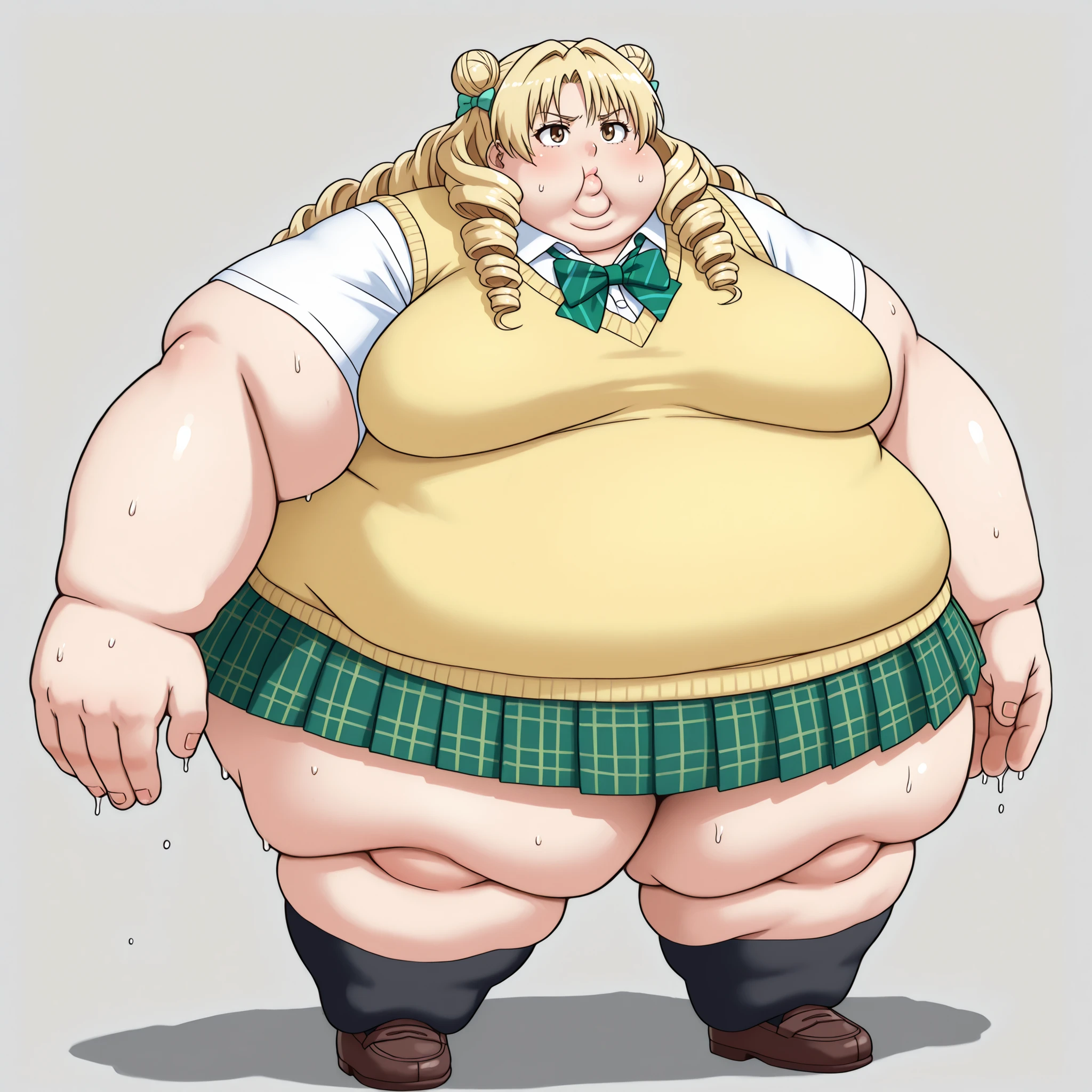 long hair,blonde hair,curly hair,double bun,twin drills,hair bow,hair ribbon,bangs,brown eyes
school uniform,sweater vest,yellow vest,white shirt,collared shirt,green bowtie,short sleeves,medium breasts,miniskirt,green skirt,plaid skirt,pleated skirt,black socks,loafers, blank_stare, empty_stare,  fat, chubby, obese, gigantic arms and legs, large breasts, sweating, wet body, swollen face, Fat_neck , Fat head , eyes with crushed cheeks , nose with crushed cheeks , mouth with crushed cheeks , chin roll,
only head, large head, oversized limbs, large hands, large feet, oversized feet, oversized fingers, big lips, plump lips, fat face, fupa, big fupa, fat fupa, 