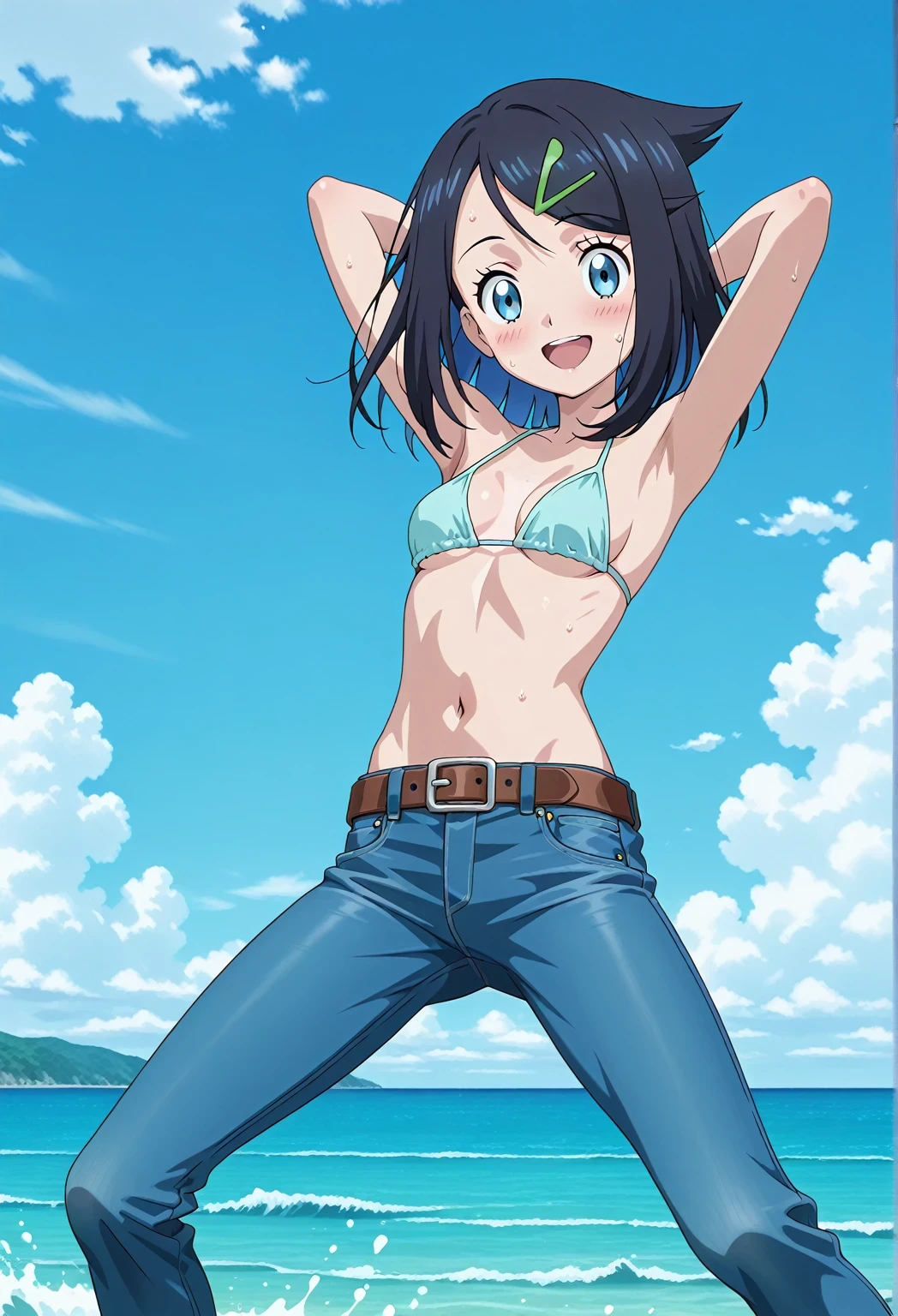 score_9, score_8_up, score_7_up, source_anime, highres, hi res, ((best quality, top quality, perfect quality, Highest Quality, amazing quality)), {{masterpiece}}, {{an extremely delicate and beautiful}}, 2d, intricate details, official style, anime, 8k, anime style, official_anime, official art, digital painting, cell shading, soft shading, high resolution, soothing tones, Subdued Color, Soft cinematic light, adobe lightroom, photolab, HDR, intricately and hyper-detailed, ((high quality animation)), 1 girl, Alone, solo, ((ocean)), tsunami, on the water, day, sunny, outdoors, sky, windy, aaliko, medium hair, black hair, colored inner hair, blue eyes, green hairclip, anime screencap, small breasts, light blue bikini top, best quality, hyper-detailed jeans, belt, brown belt, ((blue jeans:1.9)), (dark blue jeans:0.6), full medium body, medium shot, Open mouth, smiling, happy face, blush, sweat, standing, ((arms behind head:6.0)), bowlegged, jumping pose, action, looking at viewer, spread legs, Bend knees slightly, straight-on front view