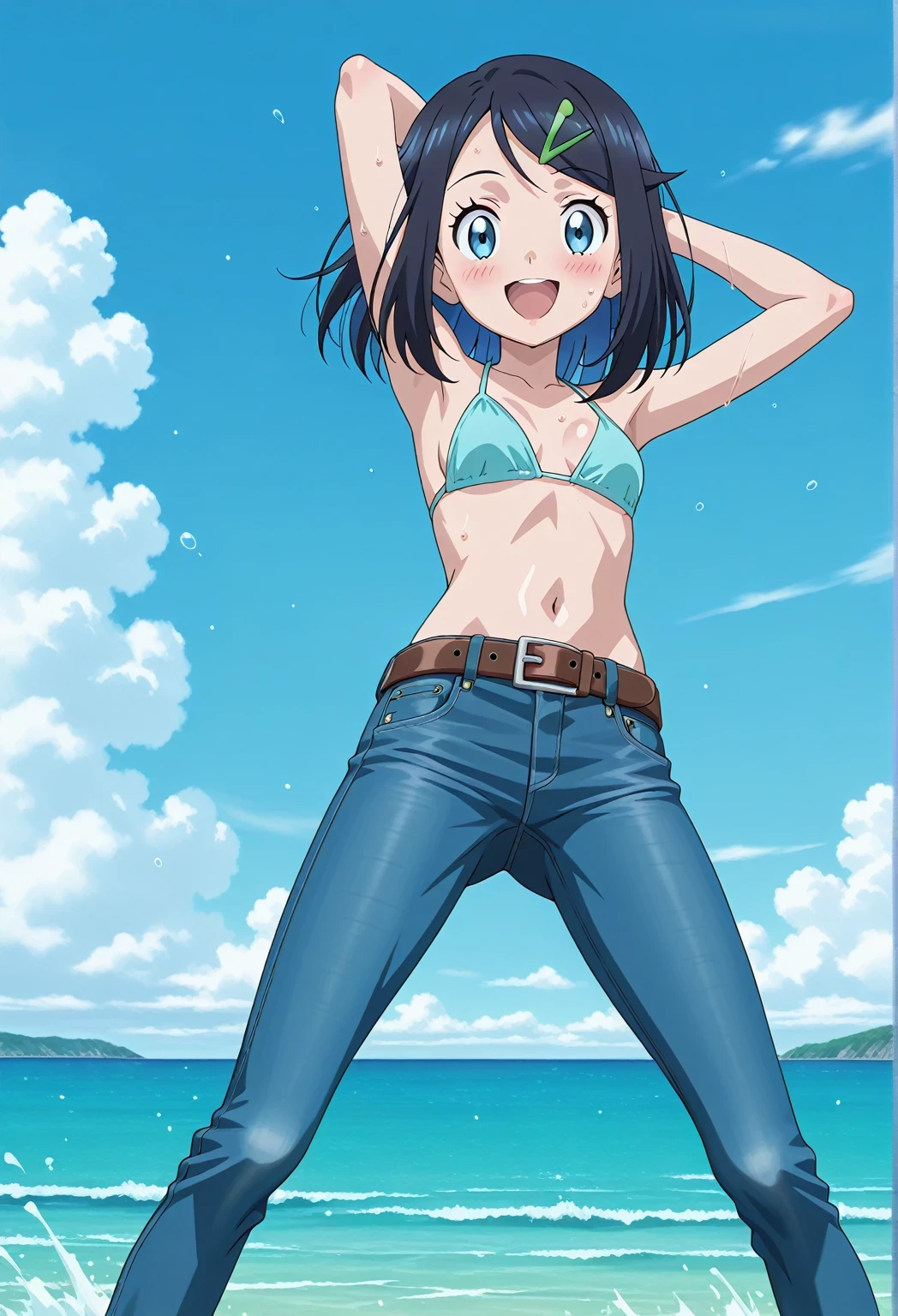 score_9, score_8_up, score_7_up, source_anime, highres, hi res, ((best quality, top quality, perfect quality, Highest Quality, amazing quality)), {{masterpiece}}, {{an extremely delicate and beautiful}}, 2d, intricate details, official style, anime, 8k, anime style, official_anime, official art, digital painting, cell shading, soft shading, high resolution, soothing tones, Subdued Color, Soft cinematic light, adobe lightroom, photolab, HDR, intricately and hyper-detailed, ((high quality animation)), 1 girl, Alone, solo, ((ocean)), tsunami, on the water, day, sunny, outdoors, sky, windy, aaliko, medium hair, black hair, colored inner hair, blue eyes, green hairclip, anime screencap, small breasts, light blue bikini top, best quality, hyper-detailed jeans, belt, brown belt, ((blue jeans:1.9)), (dark blue jeans:0.6), full medium body, medium shot, Open mouth, smiling, happy face, blush, sweat, standing, ((arms behind head:6.0)), bowlegged, jumping pose, action, looking at viewer, spread legs, Bend knees slightly, straight-on front view