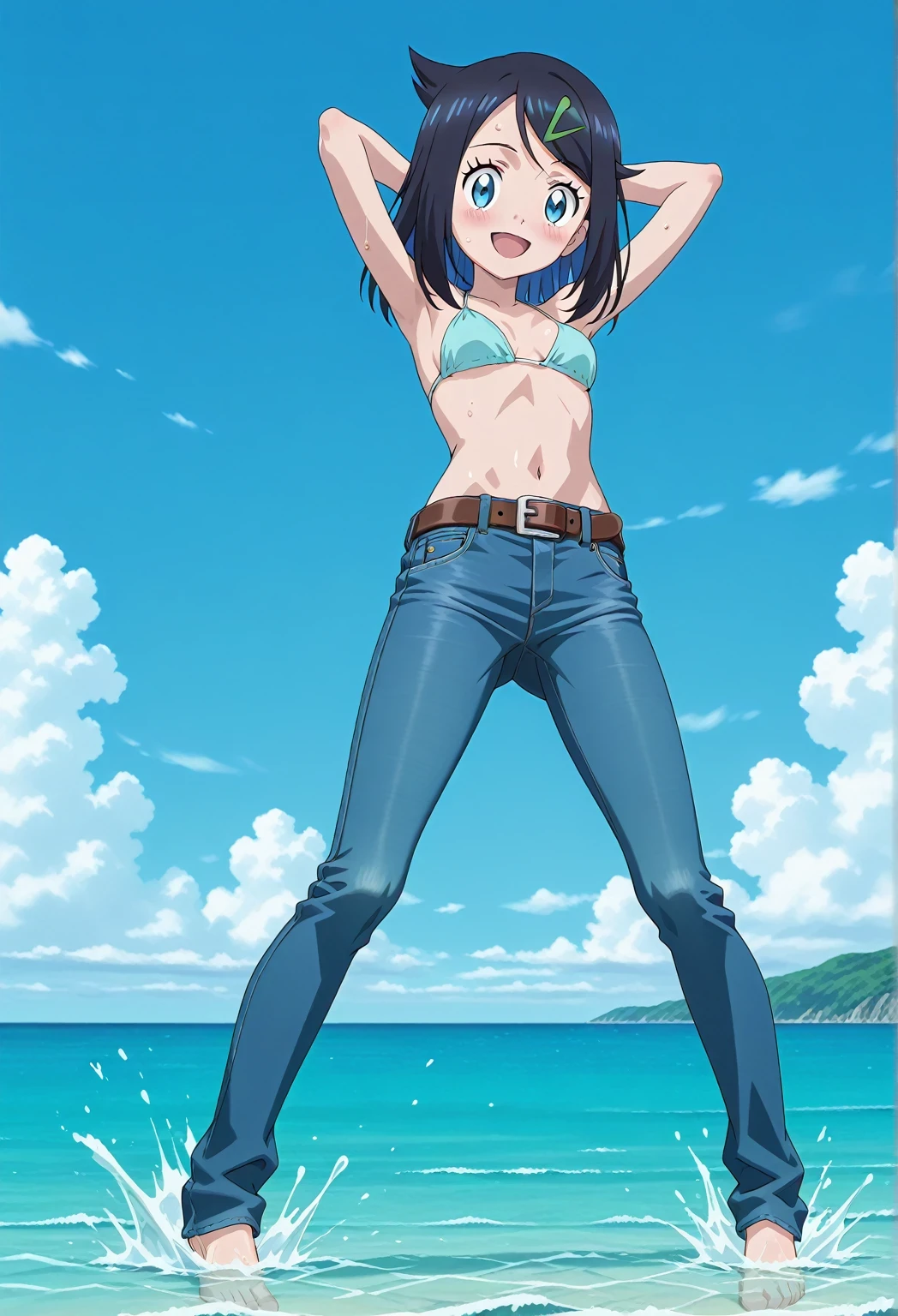 score_9, score_8_up, score_7_up, source_anime, highres, hi res, ((best quality, top quality, perfect quality, Highest Quality, amazing quality)), {{masterpiece}}, {{an extremely delicate and beautiful}}, 2d, intricate details, official style, anime, 8k, anime style, official_anime, official art, digital painting, cell shading, soft shading, high resolution, soothing tones, Subdued Color, Soft cinematic light, adobe lightroom, photolab, HDR, intricately and hyper-detailed, ((high quality animation)), 1 girl, Alone, solo, ((ocean)), tsunami, on the water, day, sunny, outdoors, sky, windy, aaliko, medium hair, black hair, colored inner hair, blue eyes, green hairclip, anime screencap, small breasts, light blue bikini top, best quality, hyper-detailed jeans, belt, brown belt, ((blue jeans:1.9)), (dark blue jeans:0.6), full medium body, medium shot, Open mouth, smiling, happy face, blush, sweat, standing, ((arms behind head:6.0)), bowlegged, jumping pose, action, looking at viewer, spread legs, Bend knees slightly, straight-on front view