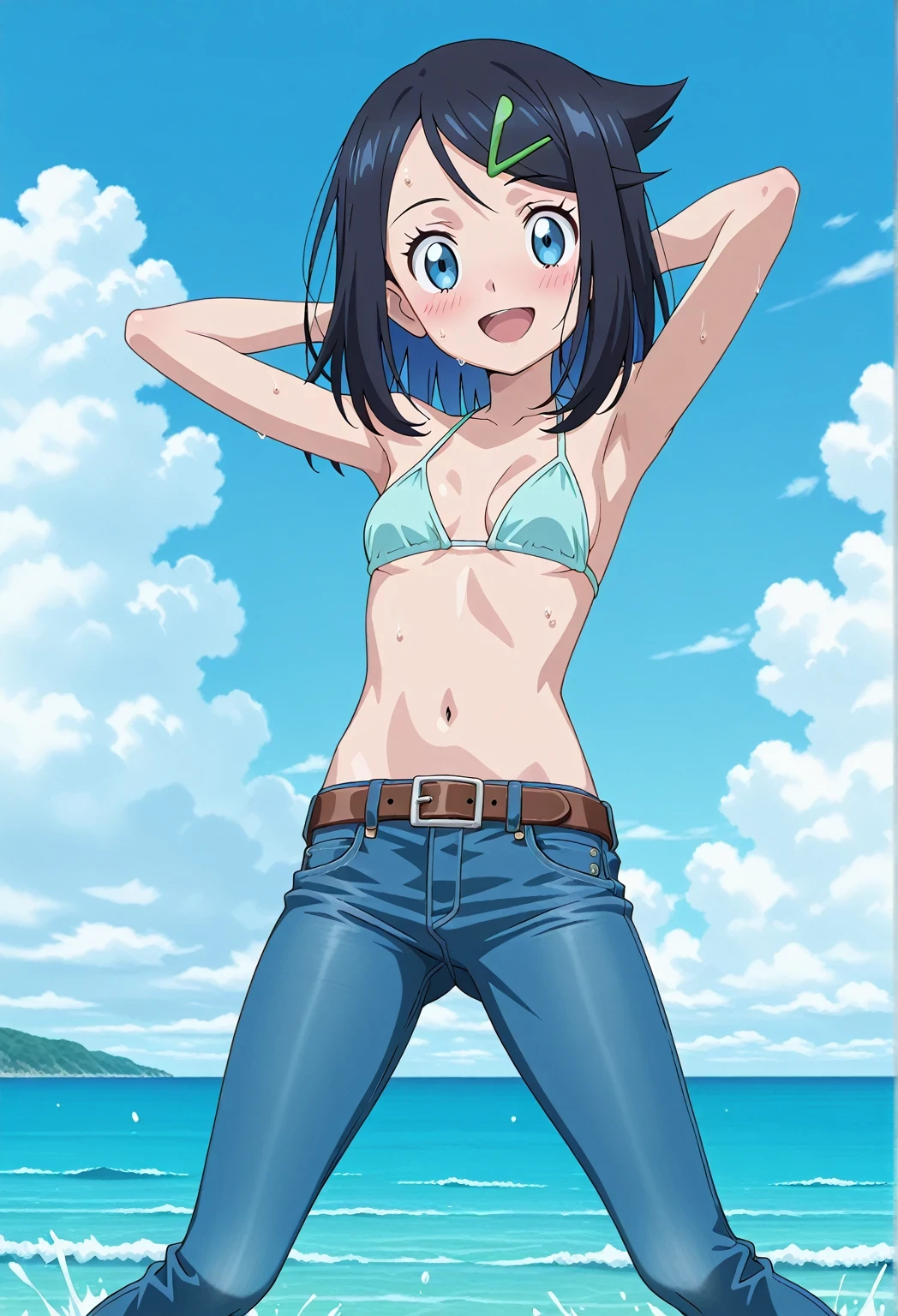 score_9, score_8_up, score_7_up, source_anime, highres, hi res, ((best quality, top quality, perfect quality, Highest Quality, amazing quality)), {{masterpiece}}, {{an extremely delicate and beautiful}}, 2d, intricate details, official style, anime, 8k, anime style, official_anime, official art, digital painting, cell shading, soft shading, high resolution, soothing tones, Subdued Color, Soft cinematic light, adobe lightroom, photolab, HDR, intricately and hyper-detailed, ((high quality animation)), 1 girl, Alone, solo, ((ocean)), tsunami, on the water, day, sunny, outdoors, sky, windy, aaliko, medium hair, black hair, colored inner hair, blue eyes, green hairclip, anime screencap, small breasts, light blue bikini top, best quality, hyper-detailed jeans, belt, brown belt, ((blue jeans:1.9)), (dark blue jeans:0.6), full medium body, medium shot, Open mouth, smiling, happy face, blush, sweat, standing, ((arms behind head:6.0)), bowlegged, jumping pose, action, looking at viewer, spread legs, Bend knees slightly, straight-on front view