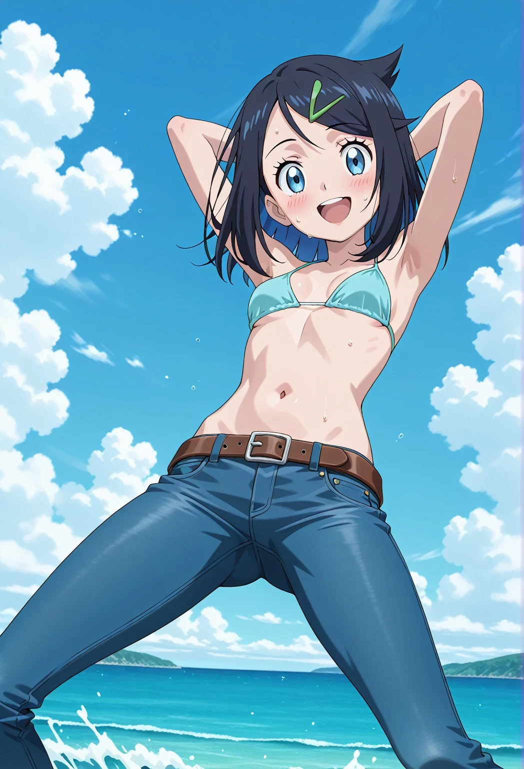 score_9, score_8_up, score_7_up, source_anime, highres, hi res, ((best quality, top quality, perfect quality, Highest Quality, amazing quality)), {{masterpiece}}, {{an extremely delicate and beautiful}}, 2d, intricate details, official style, anime, 8k, anime style, official_anime, official art, digital painting, cell shading, soft shading, high resolution, soothing tones, Subdued Color, Soft cinematic light, adobe lightroom, photolab, HDR, intricately and hyper-detailed, ((high quality animation)), 1 girl, Alone, solo, ((ocean)), tsunami, on the water, day, sunny, outdoors, sky, windy, aaliko, medium hair, black hair, colored inner hair, blue eyes, green hairclip, anime screencap, small breasts, light blue bikini top, best quality, hyper-detailed jeans, belt, brown belt, ((blue jeans:1.9)), (dark blue jeans:0.6), full medium body, medium shot, Open mouth, smiling, happy face, blush, sweat, standing, ((arms behind head:6.0)), bowlegged, jumping pose, action, looking at viewer, spread legs, Bend knees slightly, straight-on front view