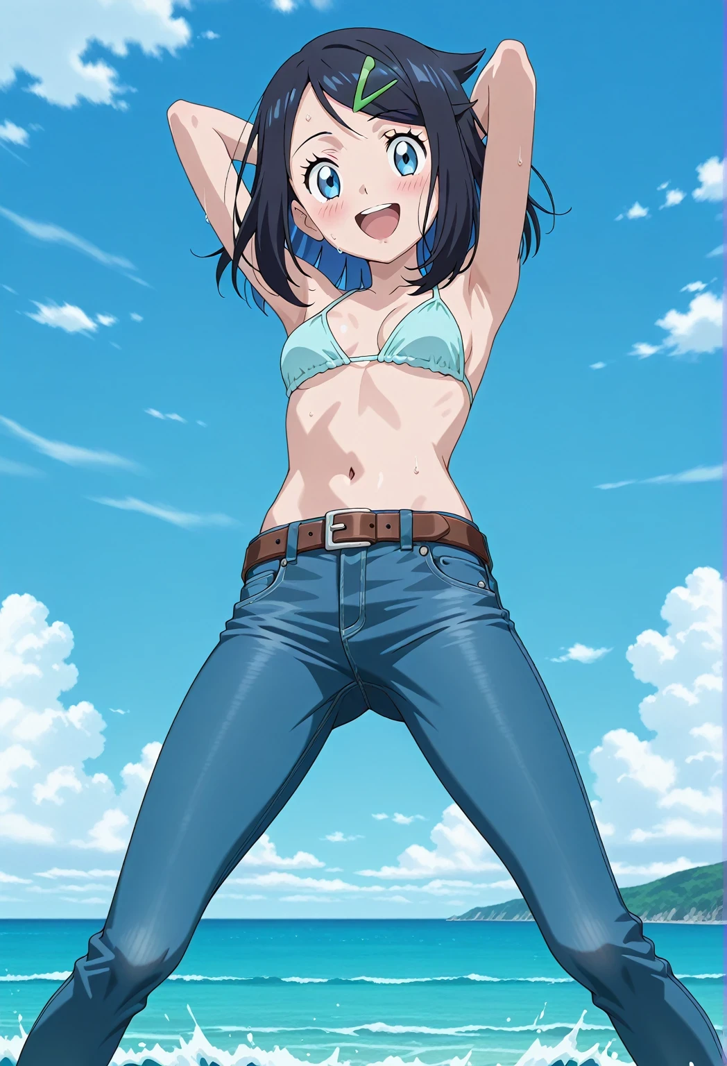 score_9, score_8_up, score_7_up, source_anime, highres, hi res, ((best quality, top quality, perfect quality, Highest Quality, amazing quality)), {{masterpiece}}, {{an extremely delicate and beautiful}}, 2d, intricate details, official style, anime, 8k, anime style, official_anime, official art, digital painting, cell shading, soft shading, high resolution, soothing tones, Subdued Color, Soft cinematic light, adobe lightroom, photolab, HDR, intricately and hyper-detailed, ((high quality animation)), 1 girl, Alone, solo, ((ocean)), tsunami, on the water, day, sunny, outdoors, sky, windy, aaliko, medium hair, black hair, colored inner hair, blue eyes, green hairclip, anime screencap, small breasts, light blue bikini top, best quality, hyper-detailed jeans, belt, brown belt, ((blue jeans:1.9)), (dark blue jeans:0.6), full medium body, medium shot, Open mouth, smiling, happy face, blush, sweat, standing, ((arms behind head:6.0)), bowlegged, jumping pose, action, looking at viewer, spread legs, Bend knees slightly, straight-on front view