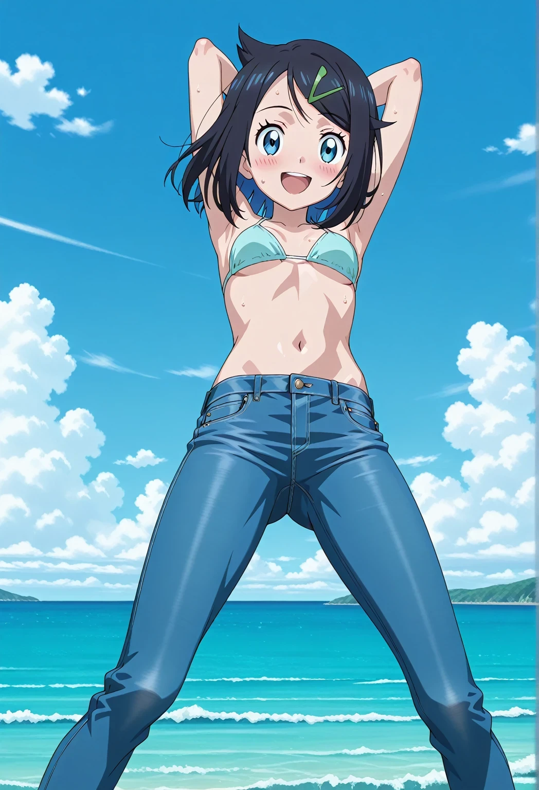 score_9, score_8_up, score_7_up, source_anime, highres, hi res, ((best quality, top quality, perfect quality, Highest Quality, amazing quality)), {{masterpiece}}, {{an extremely delicate and beautiful}}, 2d, intricate details, official style, anime, 8k, anime style, official_anime, official art, digital painting, cell shading, soft shading, high resolution, soothing tones, Subdued Color, Soft cinematic light, adobe lightroom, photolab, HDR, intricately and hyper-detailed, ((high quality animation)), 1 girl, Alone, solo, ((ocean)), tsunami, on the water, day, sunny, outdoors, sky, windy, aaliko, medium hair, black hair, colored inner hair, blue eyes, green hairclip, anime screencap, small breasts, light blue bikini top, best quality, hyper-detailed jeans, ((blue jeans:1.9)), (dark blue jeans:0.6), full medium body, medium shot, Open mouth, smiling, happy face, blush, sweat, standing, ((arms behind head:6.0)), bowlegged, jumping pose, action, looking at viewer, spread legs, Bend knees slightly, straight-on front view