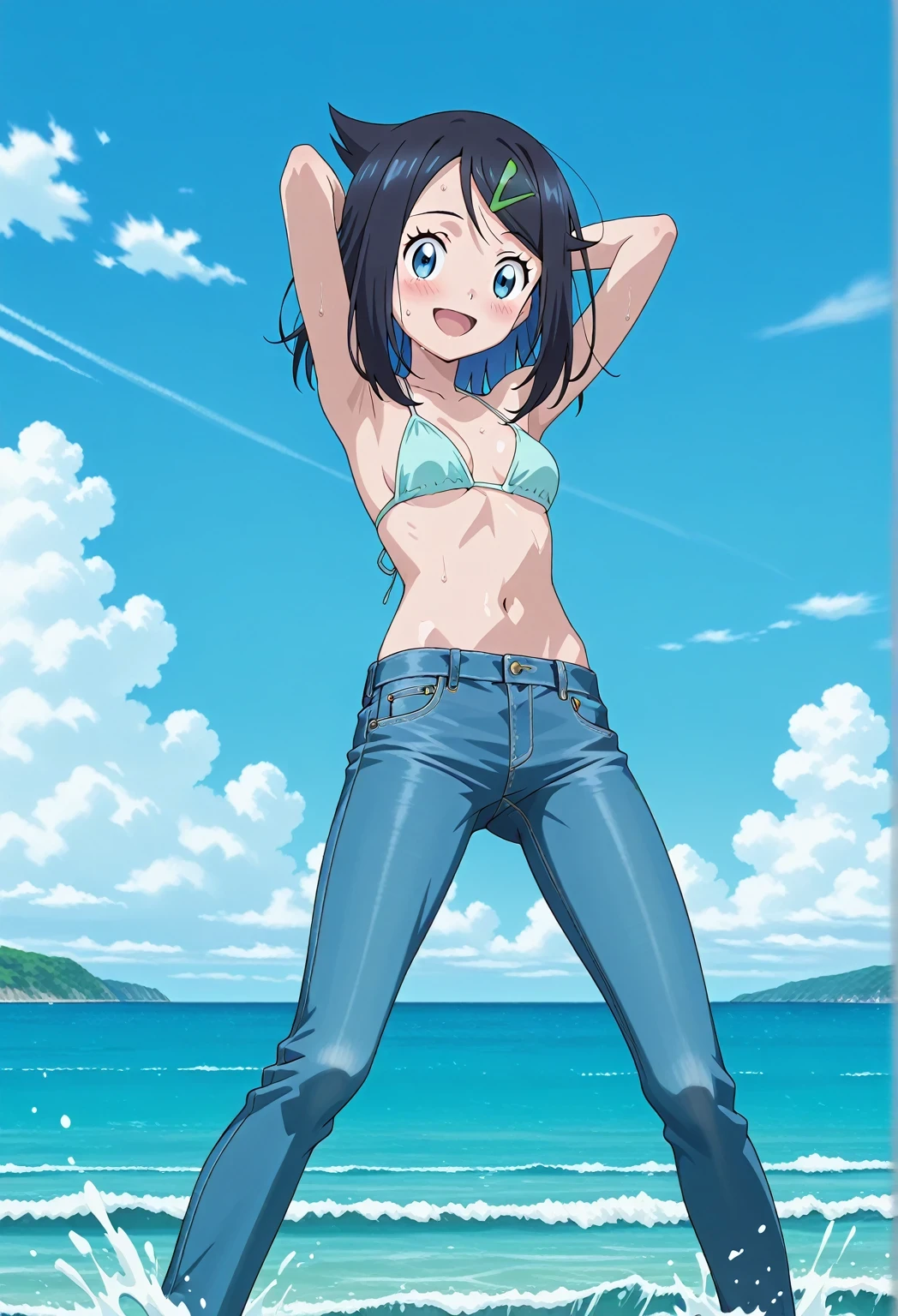 score_9, score_8_up, score_7_up, source_anime, highres, hi res, ((best quality, top quality, perfect quality, Highest Quality, amazing quality)), {{masterpiece}}, {{an extremely delicate and beautiful}}, 2d, intricate details, official style, anime, 8k, anime style, official_anime, official art, digital painting, cell shading, soft shading, high resolution, soothing tones, Subdued Color, Soft cinematic light, adobe lightroom, photolab, HDR, intricately and hyper-detailed, ((high quality animation)), 1 girl, Alone, solo, ((ocean)), tsunami, on the water, day, sunny, outdoors, sky, windy, aaliko, medium hair, black hair, colored inner hair, blue eyes, green hairclip, anime screencap, small breasts, light blue bikini top, best quality, hyper-detailed jeans, ((blue jeans:1.9)), (dark blue jeans:0.6), full medium body, medium shot, Open mouth, smiling, happy face, blush, sweat, standing, ((arms behind head:6.0)), bowlegged, jumping pose, action, looking at viewer, spread legs, Bend knees slightly, straight-on front view