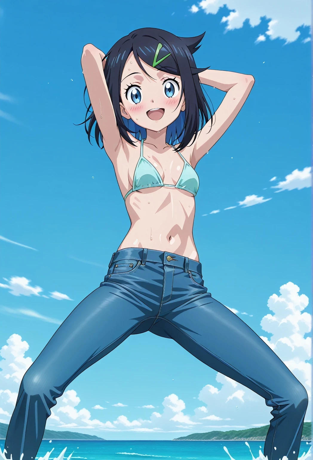 score_9, score_8_up, score_7_up, source_anime, highres, hi res, ((best quality, top quality, perfect quality, Highest Quality, amazing quality)), {{masterpiece}}, {{an extremely delicate and beautiful}}, 2d, intricate details, official style, anime, 8k, anime style, official_anime, official art, digital painting, cell shading, soft shading, high resolution, soothing tones, Subdued Color, Soft cinematic light, adobe lightroom, photolab, HDR, intricately and hyper-detailed, ((high quality animation)), 1 girl, Alone, solo, ((ocean)), tsunami, on the water, day, sunny, outdoors, sky, windy, aaliko, medium hair, black hair, colored inner hair, blue eyes, green hairclip, anime screencap, small breasts, light blue bikini top, best quality, hyper-detailed jeans, ((blue jeans:1.9)), (dark blue jeans:0.6), full medium body, medium shot, Open mouth, smiling, happy face, blush, sweat, standing, ((arms behind head:6.0)), bowlegged, jumping pose, action, looking at viewer, spread legs, Bend knees slightly, straight-on front view