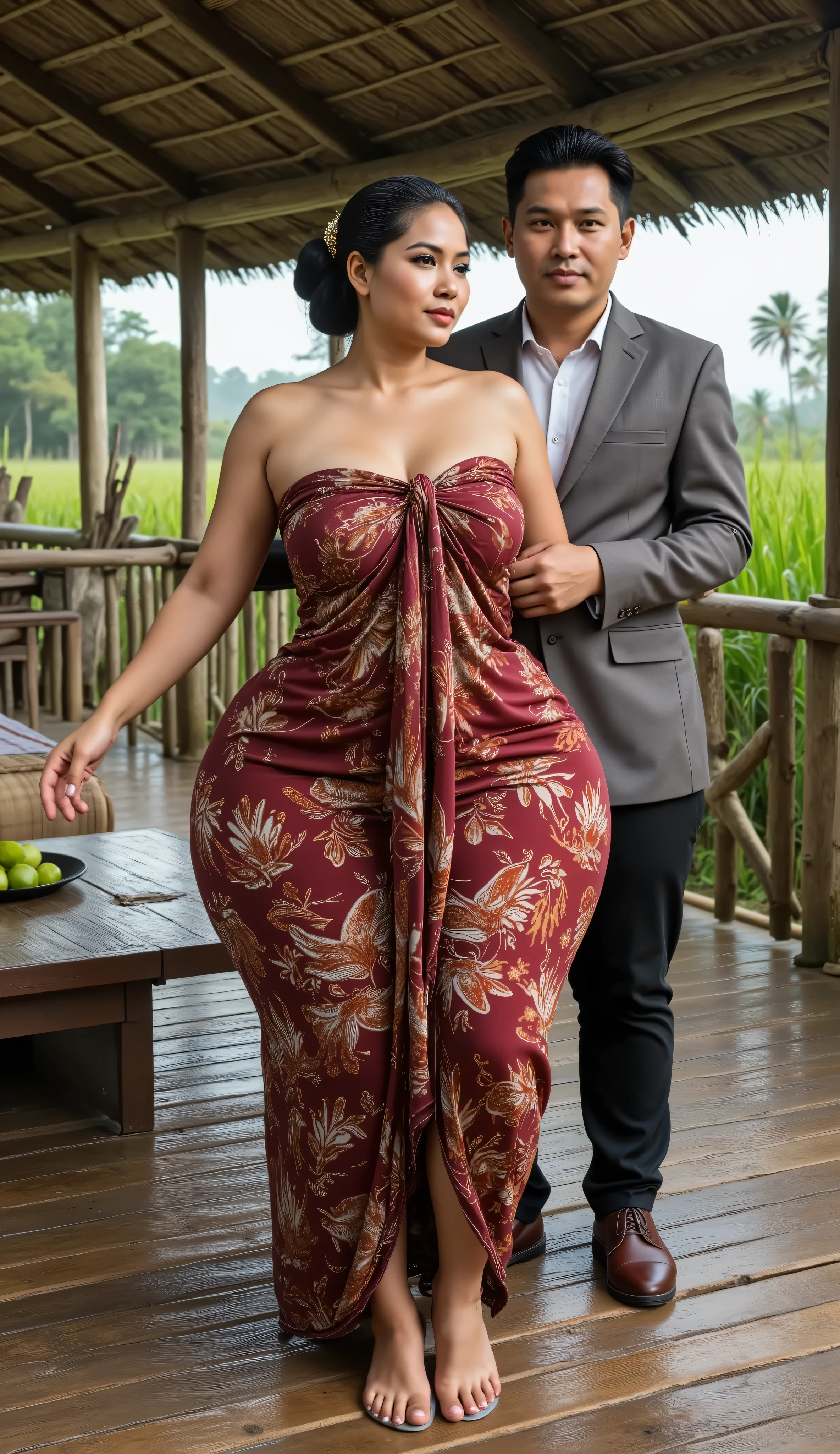 An indnesian attractive mature woman with a provocative curvaceous body, is 60 years old and has a figure with prominent curves, a plump with perfect proportions curves, generous curves and plus-size, a body with an hourglass figure, her voluptuous wide hips harmonize with slender wasp waist, with wide legs and wide thighs well-shaped, and her butt in good shape, plump and shaped buttocks. She has characteristics typical of her age, slight wrinkles on her face and gray hair, long hair with an elegant Bun style hairstyle, has beautiful and fine facial features. She wore a long and loose batik kemben dress and wear transparent glass heels. She was insidesitting on a bamboo bed inside a stilt hut amid a stormy rice field, she is a bride for her young son who is tall and thin, 20 years old. He was wearing a casual suit and had black hair, He is next to her, look face to face , he holds her with passion and places his hand close to her buttocks and his other hand hold her breast. they was captured is a modern hyperrealistic cinematic style, captured on a full body overview, with hyperrealistic details and good focus quality.("additional loRA" has no effect on the man)