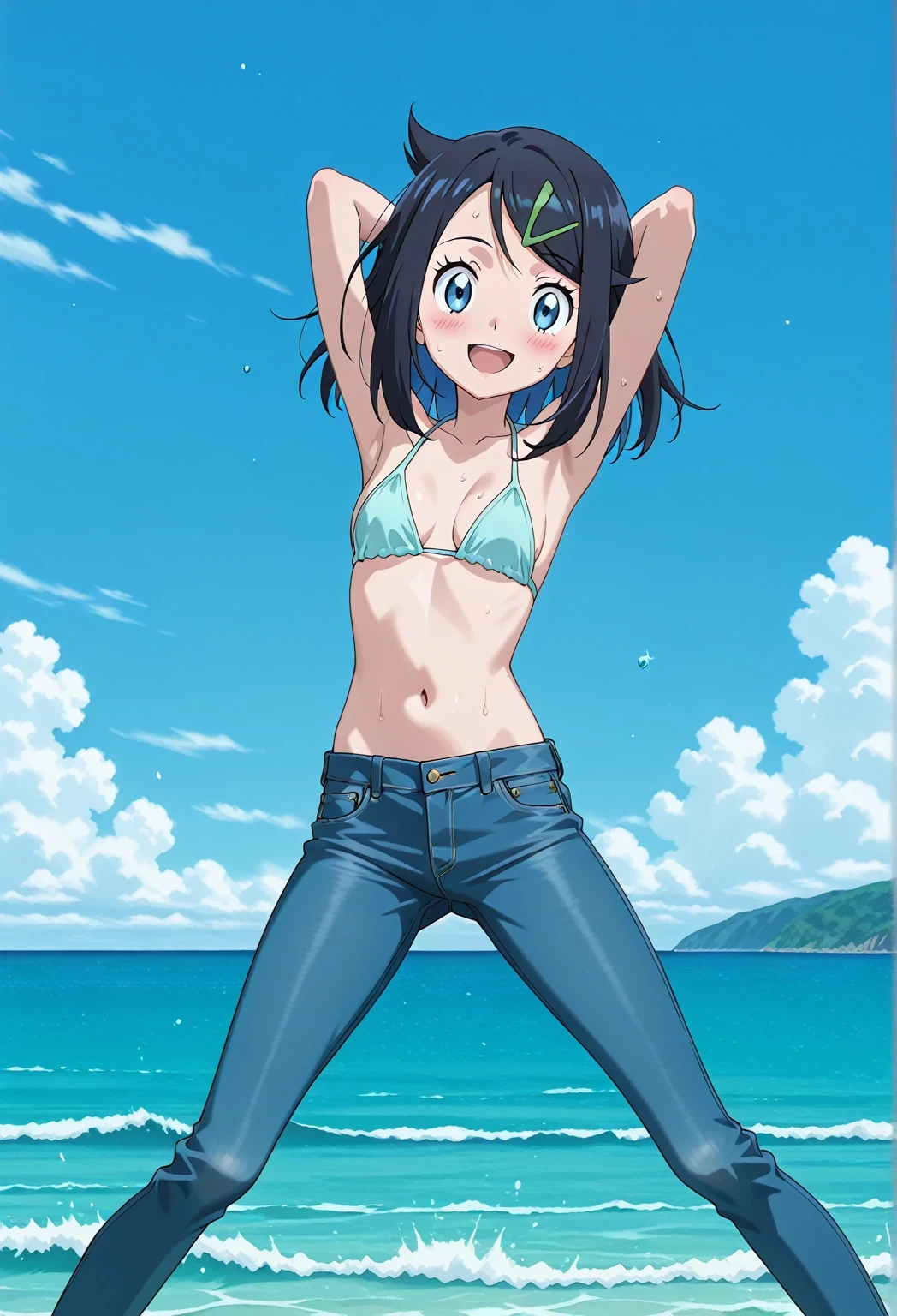 score_9, score_8_up, score_7_up, source_anime, highres, hi res, ((best quality, top quality, perfect quality, Highest Quality, amazing quality)), {{masterpiece}}, {{an extremely delicate and beautiful}}, 2d, intricate details, official style, anime, 8k, anime style, official_anime, official art, digital painting, cell shading, soft shading, high resolution, soothing tones, Subdued Color, Soft cinematic light, adobe lightroom, photolab, HDR, intricately and hyper-detailed, ((high quality animation)), 1 girl, Alone, solo, ((ocean)), tsunami, on the water, day, sunny, outdoors, sky, windy, aaliko, medium hair, black hair, colored inner hair, blue eyes, green hairclip, anime screencap, small breasts, light blue bikini top, best quality, hyper-detailed jeans, ((blue jeans:1.9)), (dark blue jeans:0.6), full medium body, medium shot, Open mouth, smiling, happy face, blush, sweat, standing, ((arms behind head:6.0)), bowlegged, sliding pose, action, looking at viewer, spread legs, Bend knees slightly, straight-on front view