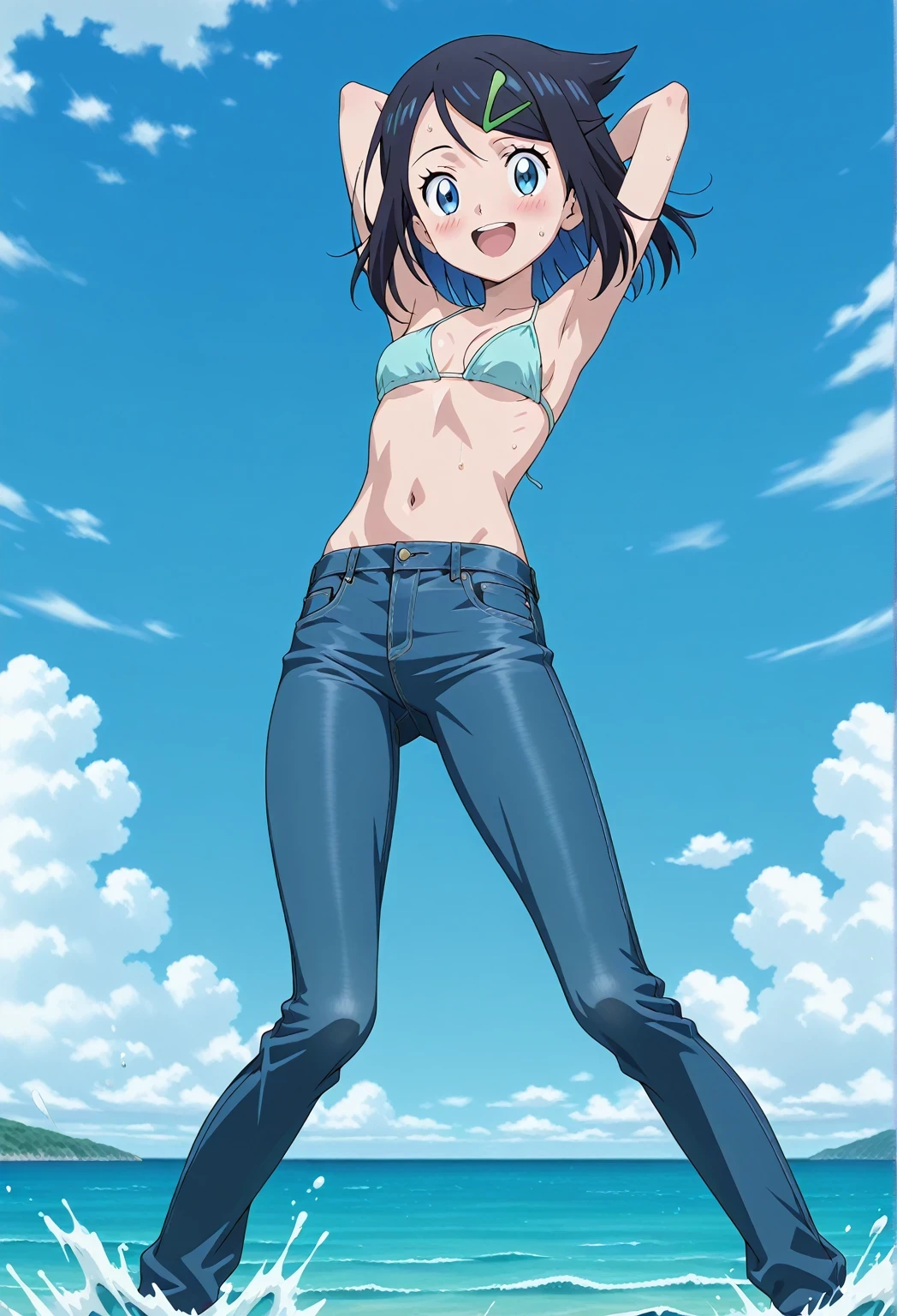 score_9, score_8_up, score_7_up, source_anime, highres, hi res, ((best quality, top quality, perfect quality, Highest Quality, amazing quality)), {{masterpiece}}, {{an extremely delicate and beautiful}}, 2d, intricate details, official style, anime, 8k, anime style, official_anime, official art, digital painting, cell shading, soft shading, high resolution, soothing tones, Subdued Color, Soft cinematic light, adobe lightroom, photolab, HDR, intricately and hyper-detailed, ((high quality animation)), 1 girl, Alone, solo, ((ocean)), tsunami, on the water, day, sunny, outdoors, sky, windy, aaliko, medium hair, black hair, colored inner hair, blue eyes, green hairclip, anime screencap, small breasts, light blue bikini top, best quality, hyper-detailed jeans, ((blue jeans:1.9)), (dark blue jeans:0.6), full medium body, medium shot, Open mouth, smiling, happy face, blush, sweat, standing, ((arms behind head:6.0)), bowlegged, sliding pose, action, looking at viewer, spread legs, Bend knees slightly, straight-on front view