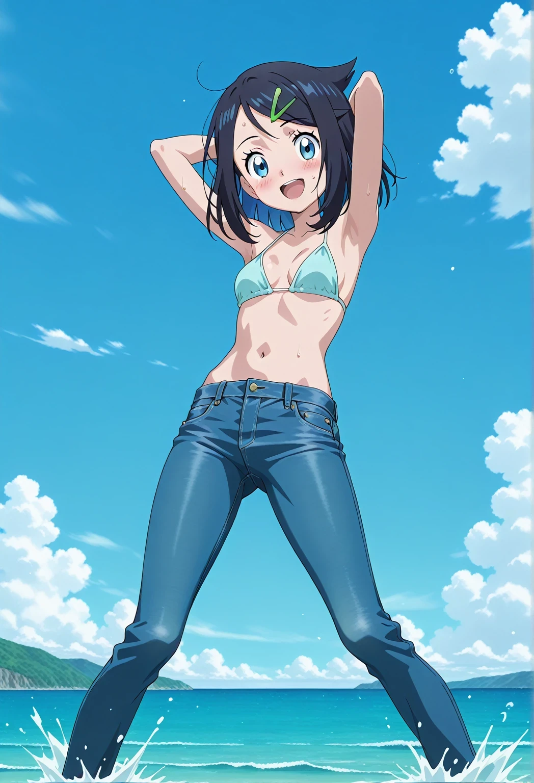 score_9, score_8_up, score_7_up, source_anime, highres, hi res, ((best quality, top quality, perfect quality, Highest Quality, amazing quality)), {{masterpiece}}, {{an extremely delicate and beautiful}}, 2d, intricate details, official style, anime, 8k, anime style, official_anime, official art, digital painting, cell shading, soft shading, high resolution, soothing tones, Subdued Color, Soft cinematic light, adobe lightroom, photolab, HDR, intricately and hyper-detailed, ((high quality animation)), 1 girl, Alone, solo, ((ocean)), tsunami, on the water, day, sunny, outdoors, sky, windy, aaliko, medium hair, black hair, colored inner hair, blue eyes, green hairclip, anime screencap, small breasts, light blue bikini top, best quality, hyper-detailed jeans, ((blue jeans:1.9)), (dark blue jeans:0.6), full medium body, medium shot, Open mouth, smiling, happy face, blush, sweat, standing, ((arms behind head:6.0)), bowlegged, sliding pose, action, looking at viewer, spread legs, Bend knees slightly, straight-on front view