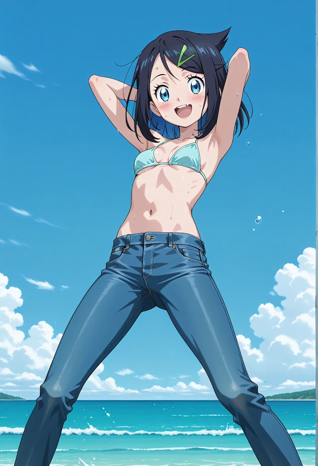 score_9, score_8_up, score_7_up, source_anime, highres, hi res, ((best quality, top quality, perfect quality, Highest Quality, amazing quality)), {{masterpiece}}, {{an extremely delicate and beautiful}}, 2d, intricate details, official style, anime, 8k, anime style, official_anime, official art, digital painting, cell shading, soft shading, high resolution, soothing tones, Subdued Color, Soft cinematic light, adobe lightroom, photolab, HDR, intricately and hyper-detailed, ((high quality animation)), 1 girl, Alone, solo, ((ocean)), tsunami, on the water, day, sunny, outdoors, sky, windy, aaliko, medium hair, black hair, colored inner hair, blue eyes, green hairclip, anime screencap, small breasts, light blue bikini top, best quality, hyper-detailed jeans, ((blue jeans:1.9)), (dark blue jeans:0.6), full medium body, medium shot, Open mouth, smiling, happy face, blush, sweat, standing, ((arms behind head:6.0)), bowlegged, sliding pose, action, looking at viewer, spread legs, Bend knees slightly, straight-on front view